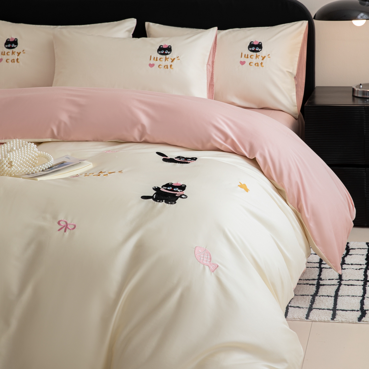 91家纺网 家纺一手货源 找家纺 沐辰 2026新款长绒棉50S纯棉满绣四件套 心爱猫咪