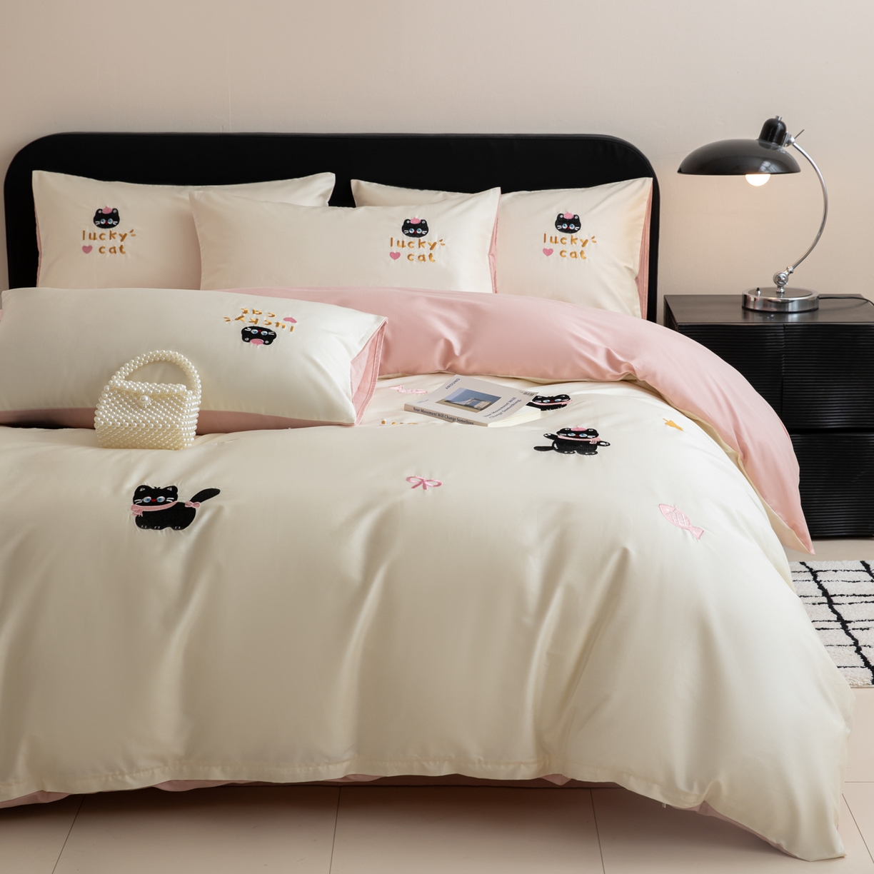 91家纺网 家纺一手货源 找家纺 沐辰 2026新款长绒棉50S纯棉满绣四件套 心爱猫咪