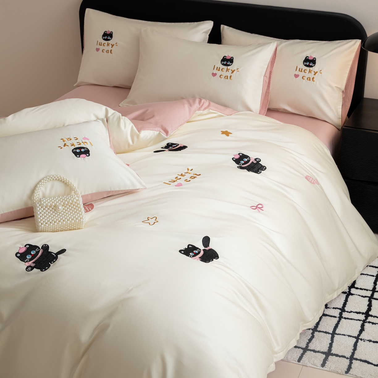 91家纺网 家纺一手货源 找家纺 沐辰 2026新款长绒棉50S纯棉满绣四件套 心爱猫咪