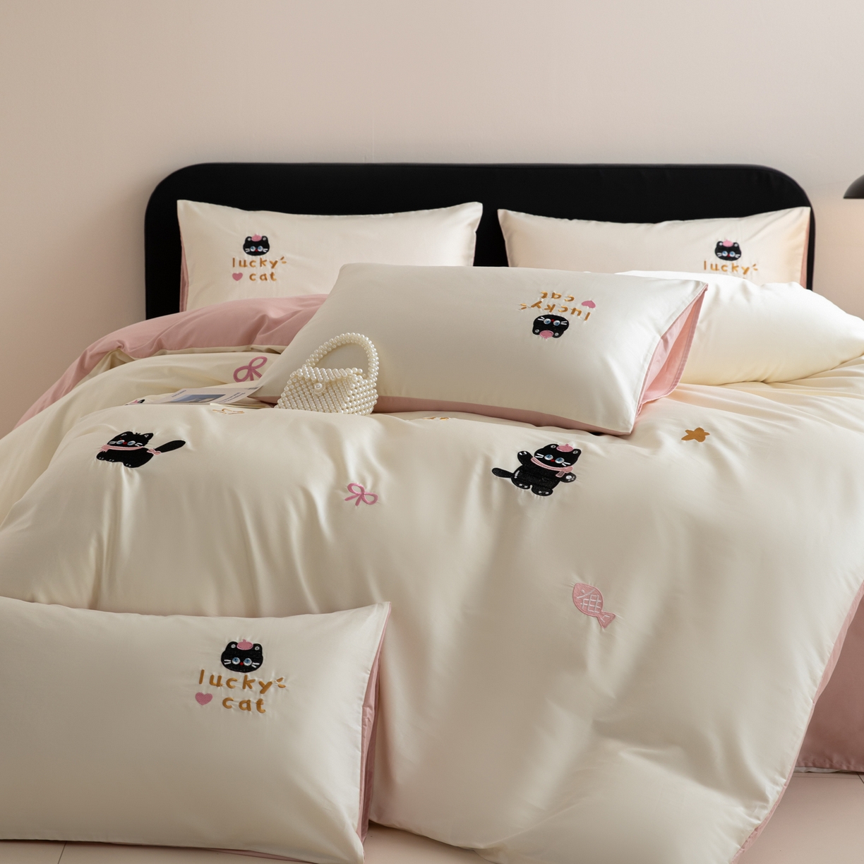 91家纺网 家纺一手货源 找家纺 沐辰 2026新款长绒棉50S纯棉满绣四件套 心爱猫咪