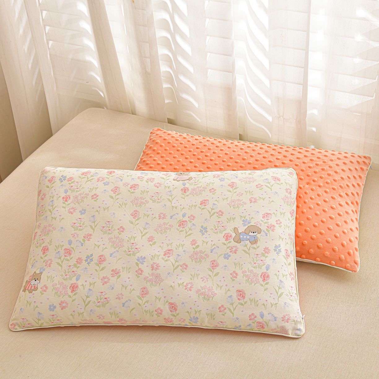 91家纺网 家纺一手货源 找家纺 小桃姐家纺 2026新款纯棉+豆豆绒棉花枕 枕头枕芯 儿童枕 学生枕 花丛猛兽