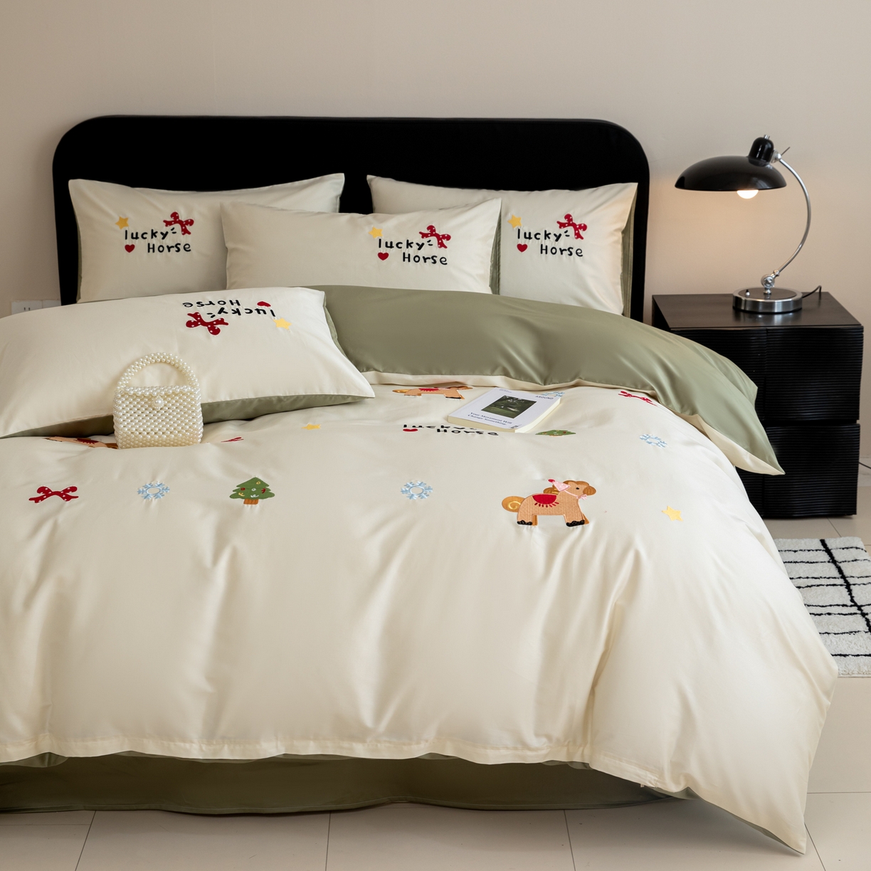 91家纺网 家纺一手货源 找家纺 沐辰 2026新款长绒棉50S纯棉满绣四件套 心愿小马-绿