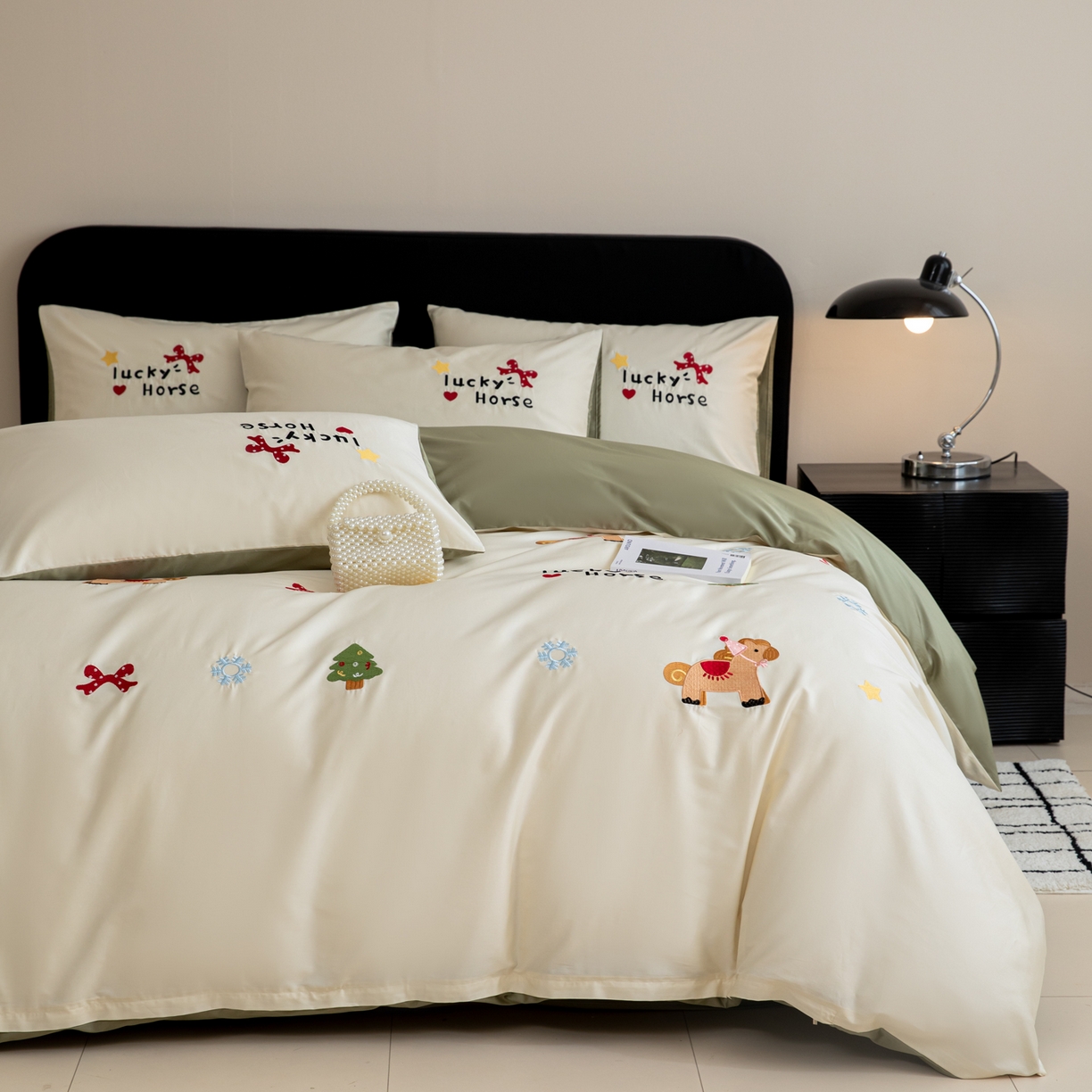 91家纺网 家纺一手货源 找家纺 沐辰 2026新款长绒棉50S纯棉满绣四件套 心愿小马-绿