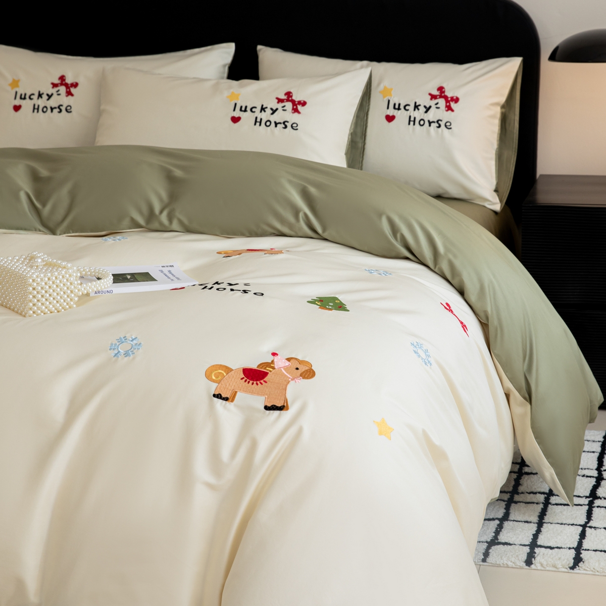 91家纺网 家纺一手货源 找家纺 沐辰 2026新款长绒棉50S纯棉满绣四件套 心愿小马-绿