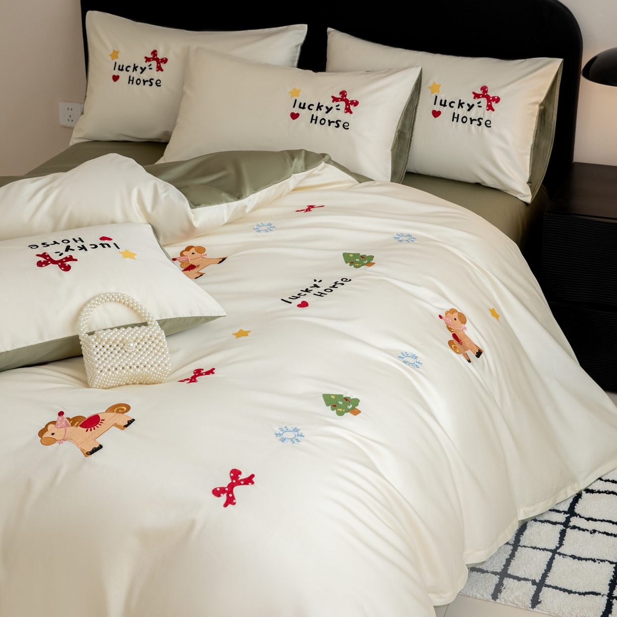 91家纺网 家纺一手货源 找家纺 沐辰 2026新款长绒棉50S纯棉满绣四件套 心愿小马-绿