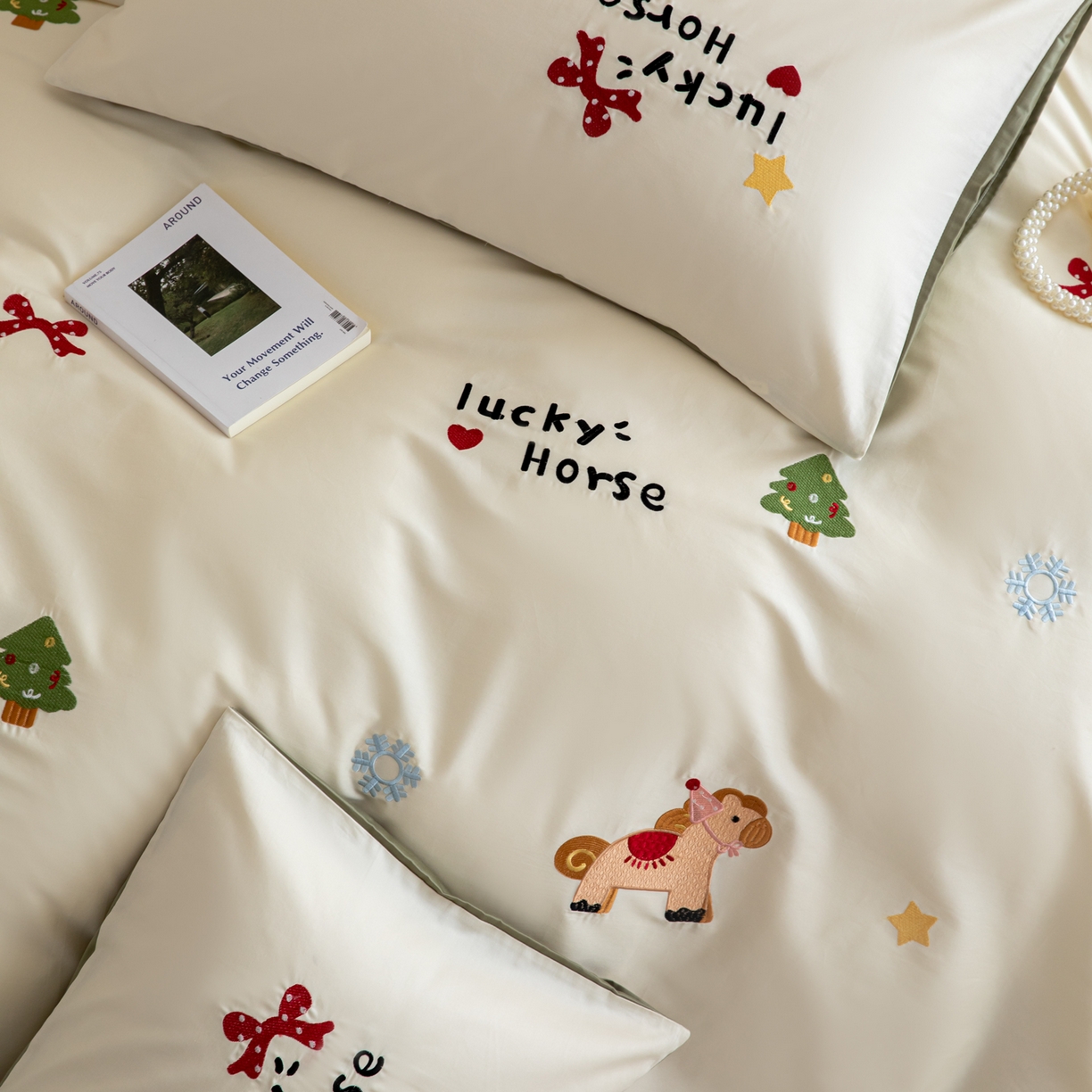 91家纺网 家纺一手货源 找家纺 沐辰 2026新款长绒棉50S纯棉满绣四件套 心愿小马-绿