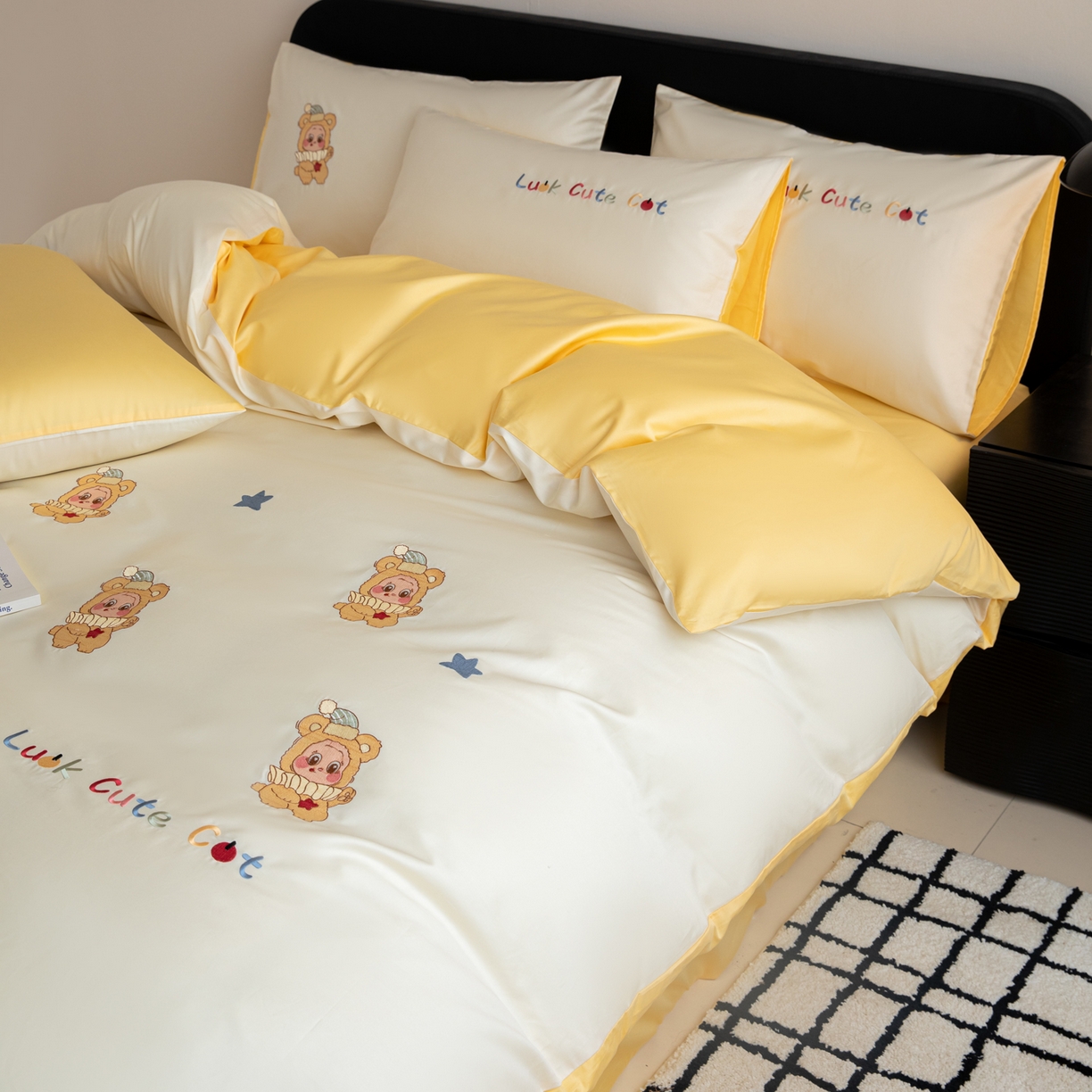 91家纺网 家纺一手货源 找家纺 沐辰 2026新款长绒棉50S纯棉满绣四件套 星星宝贝