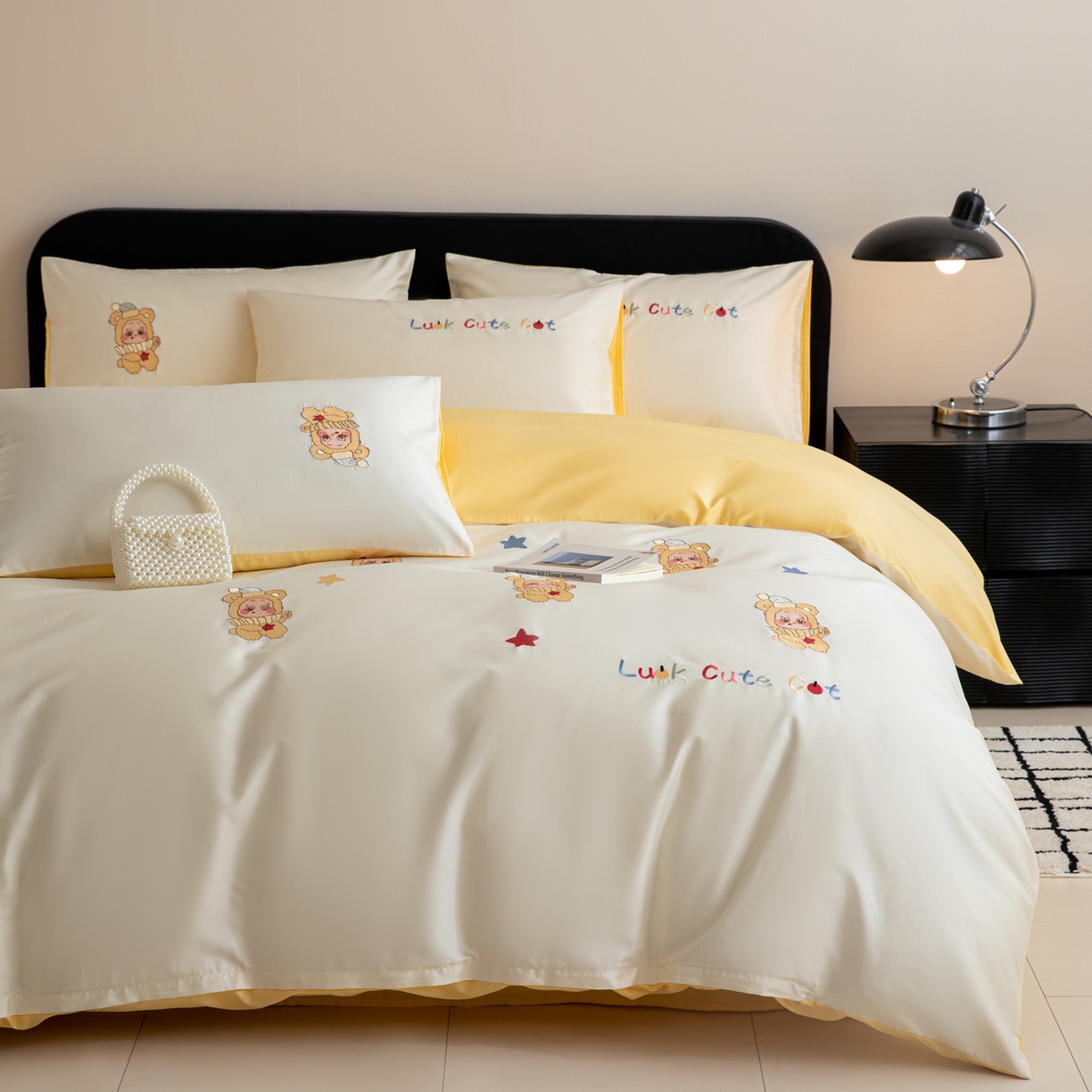 91家纺网 家纺一手货源 找家纺 沐辰 2026新款长绒棉50S纯棉满绣四件套 星星宝贝