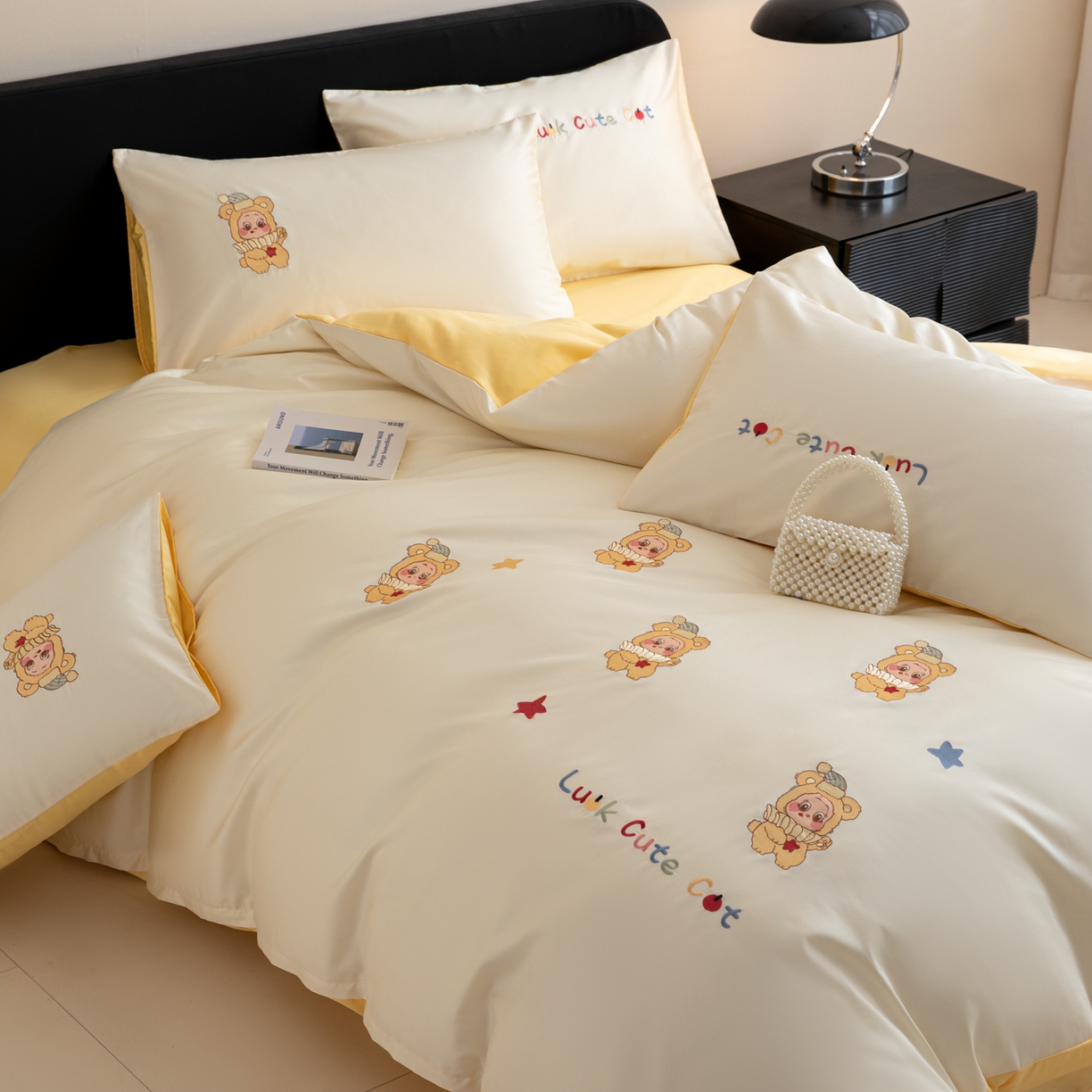 91家纺网 家纺一手货源 找家纺 沐辰 2026新款长绒棉50S纯棉满绣四件套 星星宝贝