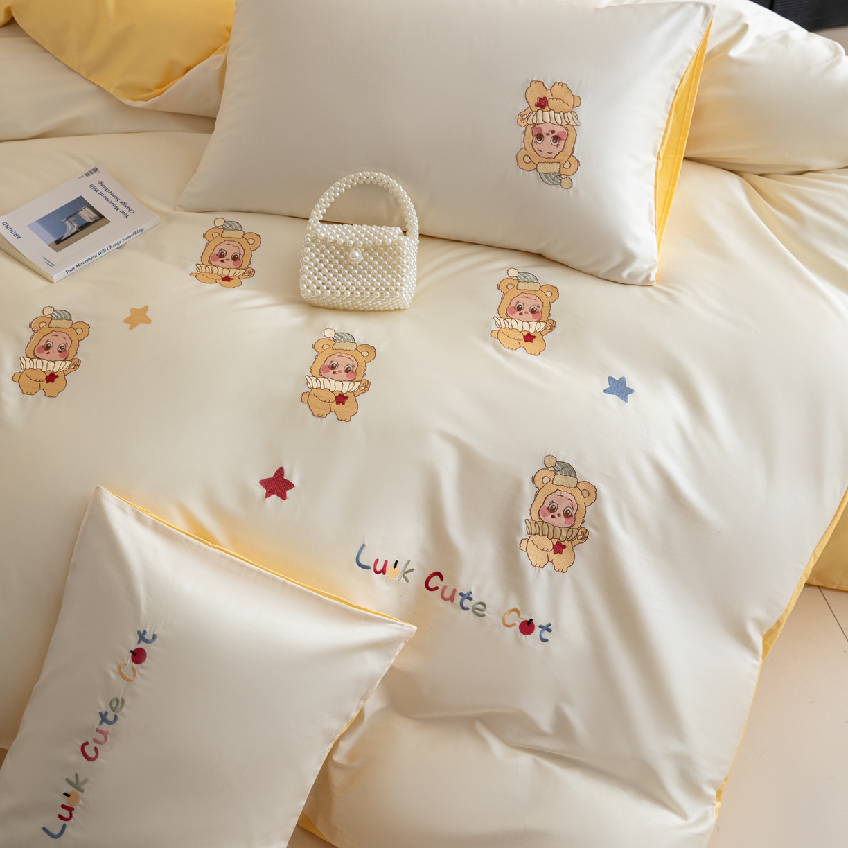 91家纺网 家纺一手货源 找家纺 沐辰 2026新款长绒棉50S纯棉满绣四件套 星星宝贝