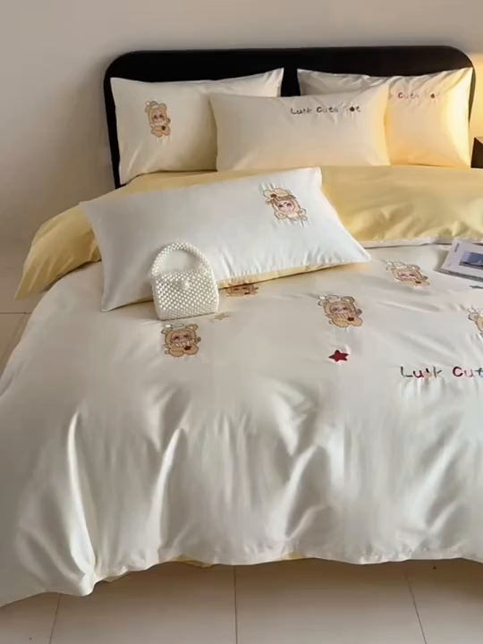 91家纺网 家纺一手货源 找家纺 沐辰 2026新款长绒棉50S纯棉满绣四件套 星星宝贝