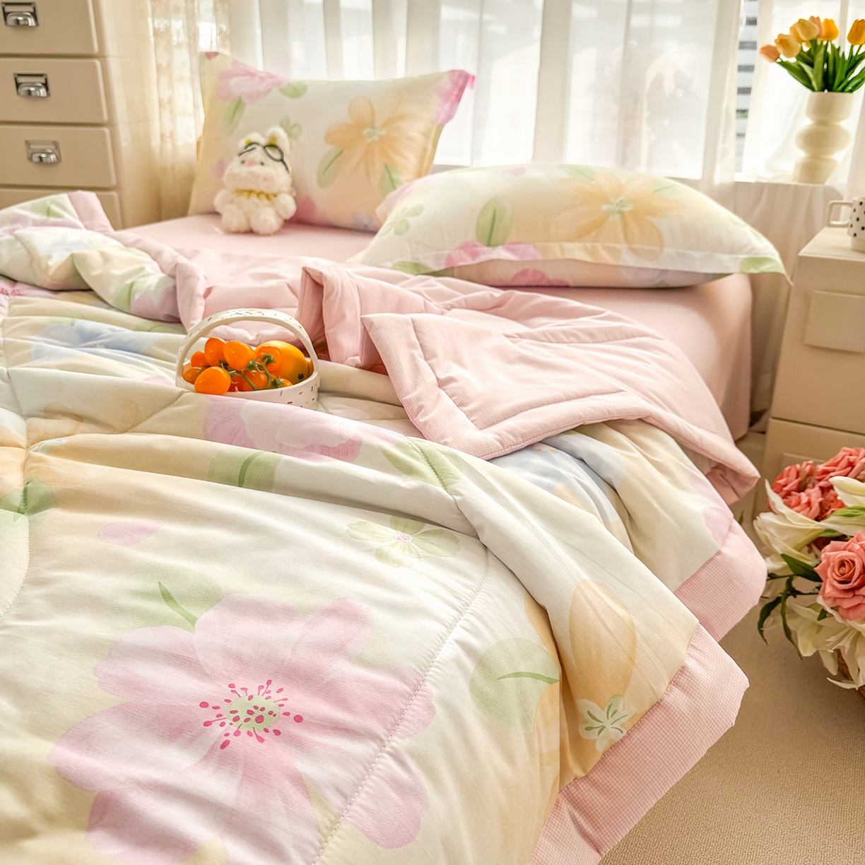 91家纺网 家纺一手货源 找家纺 瑶瑶家居 2026新款A类里外全棉夏凉被四件套-风格一 花开半夏