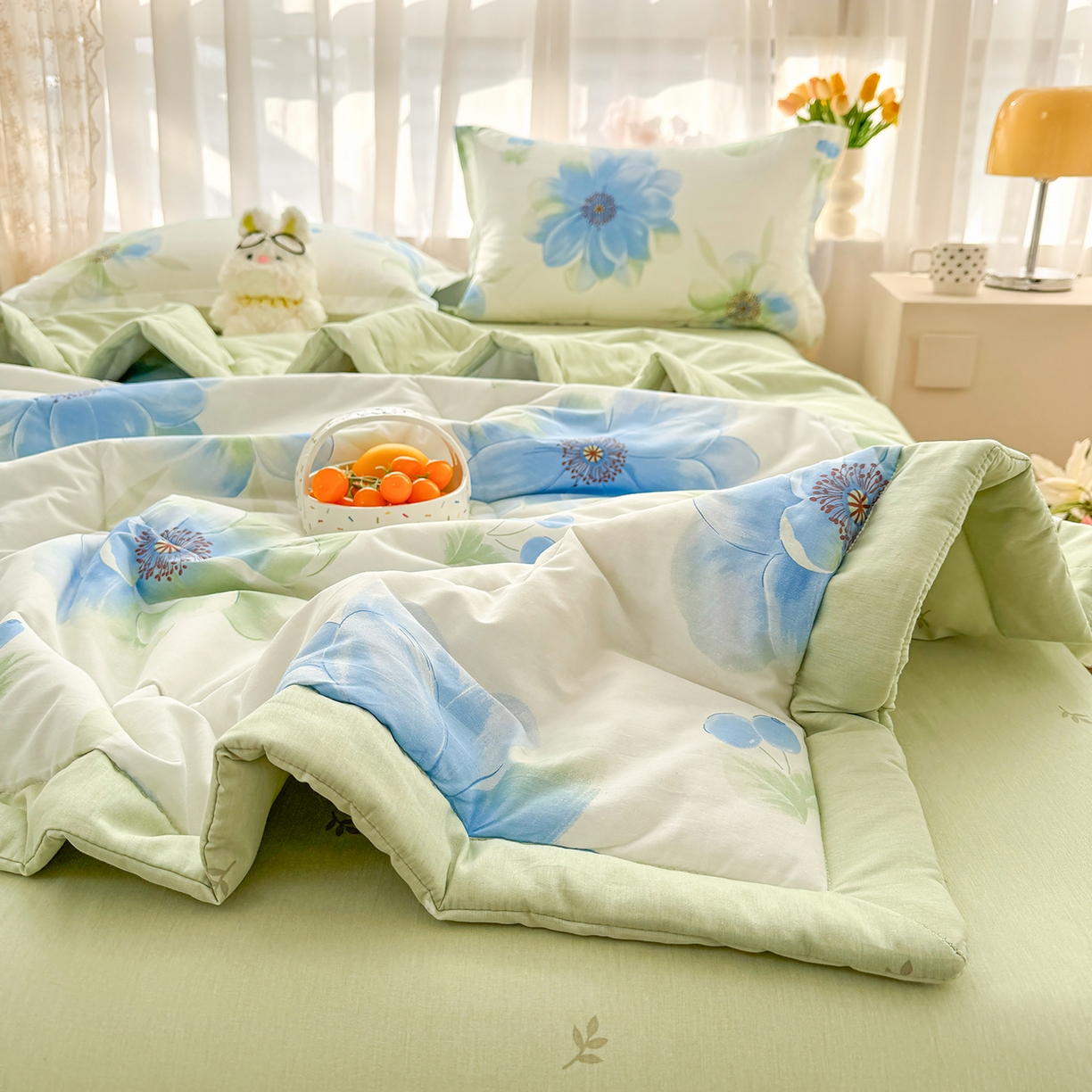91家纺网 家纺一手货源 找家纺 瑶瑶家居 2026新款A类里外全棉夏凉被四件套-风格一 花期蓝