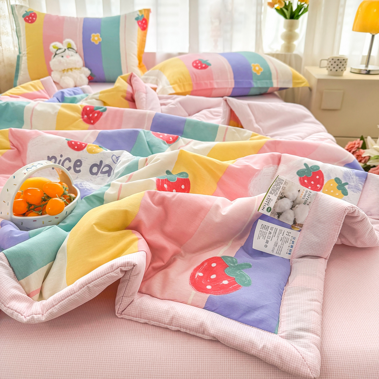 91家纺网 家纺一手货源 找家纺 瑶瑶家居 2026新款A类里外全棉夏凉被四件套-风格一 草莓甜心