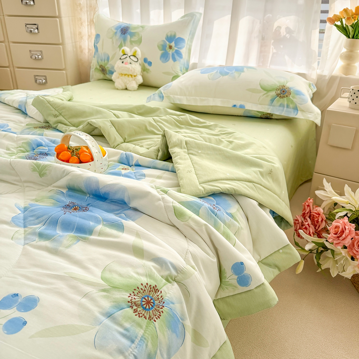 91家纺网 家纺一手货源 找家纺 瑶瑶家居 2026新款A类里外全棉夏凉被四件套-风格一 花期蓝