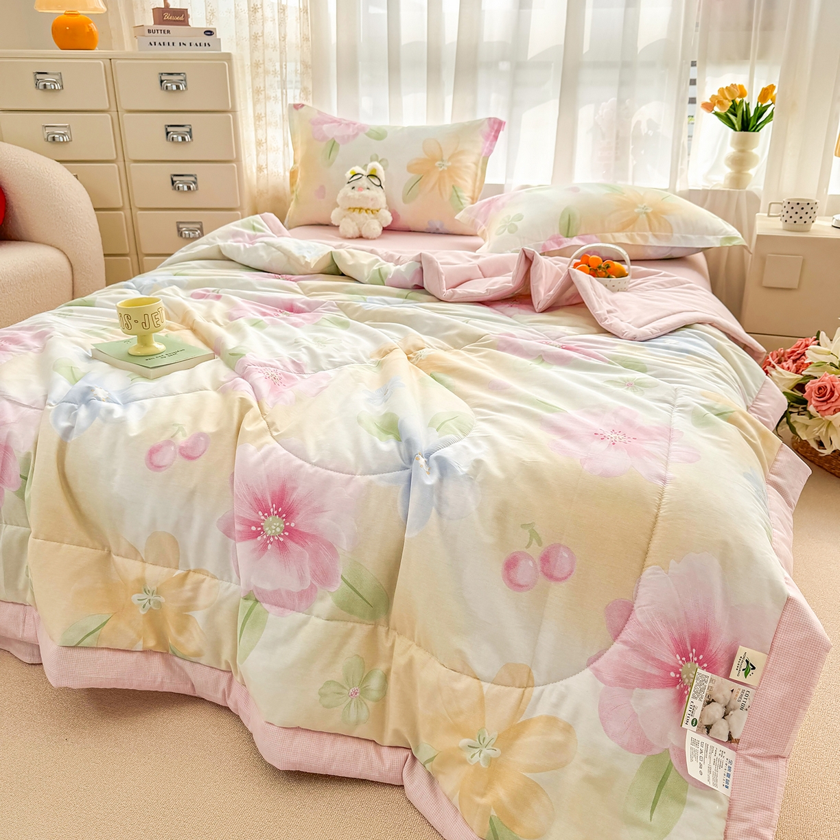 91家纺网 家纺一手货源 找家纺 瑶瑶家居 2026新款A类里外全棉夏凉被四件套-风格一 花开半夏