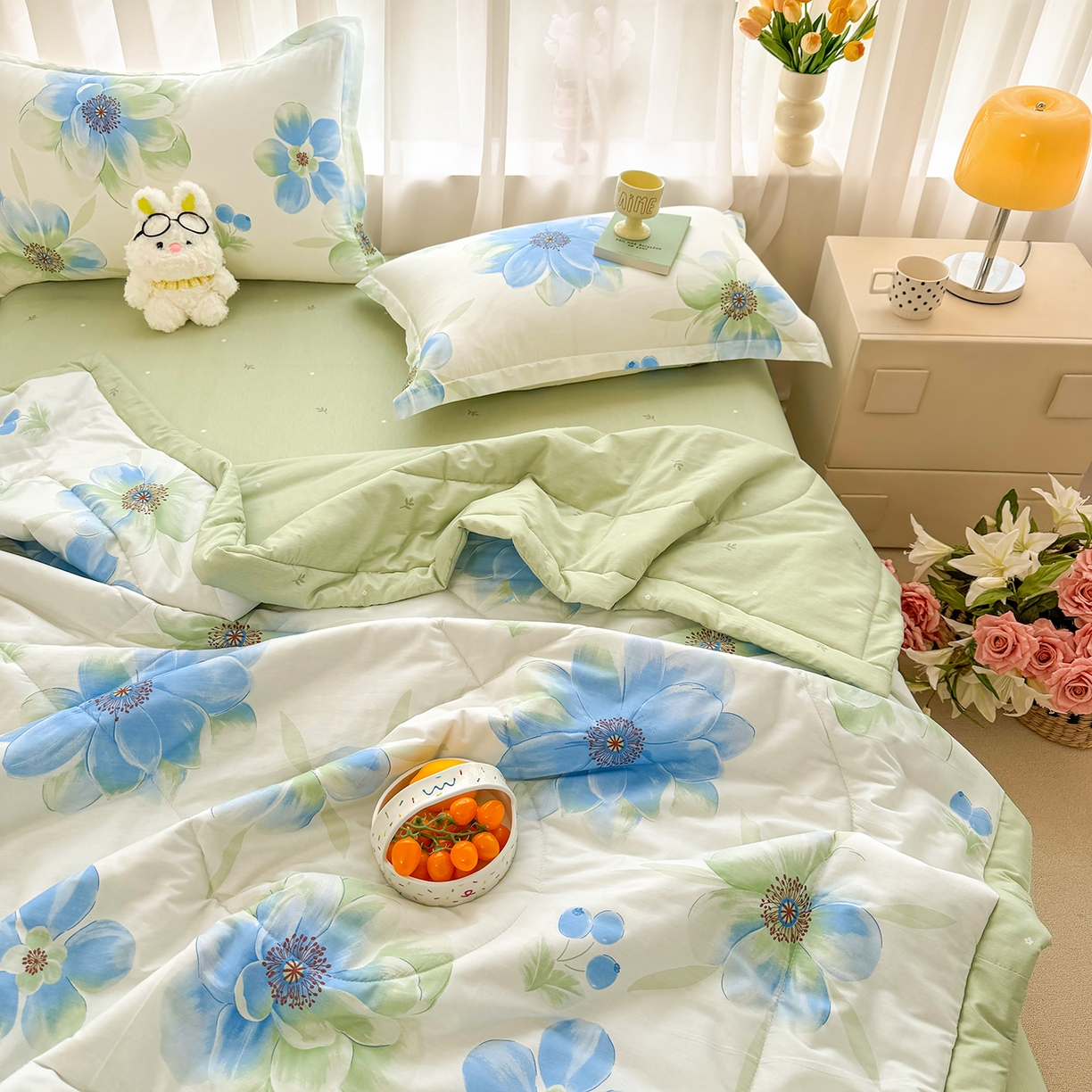 91家纺网 家纺一手货源 找家纺 瑶瑶家居 2026新款A类里外全棉夏凉被四件套-风格一 花期蓝