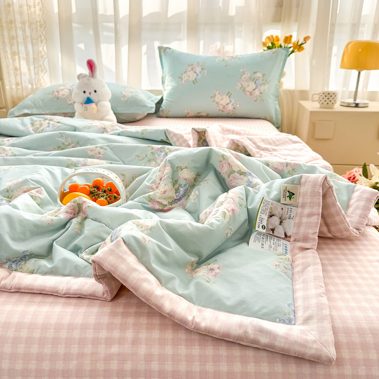 91家纺网 家纺一手货源 找家纺 瑶瑶家居 2026新款A类里外全棉夏凉被四件套-风格一 柔纱花影