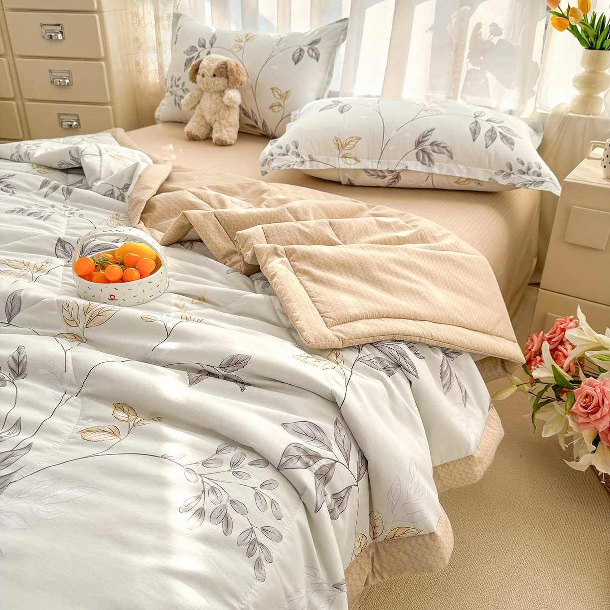 91家纺网 家纺一手货源 找家纺 瑶瑶家居 2026新款A类里外全棉夏凉被四件套-风格一 秋叶