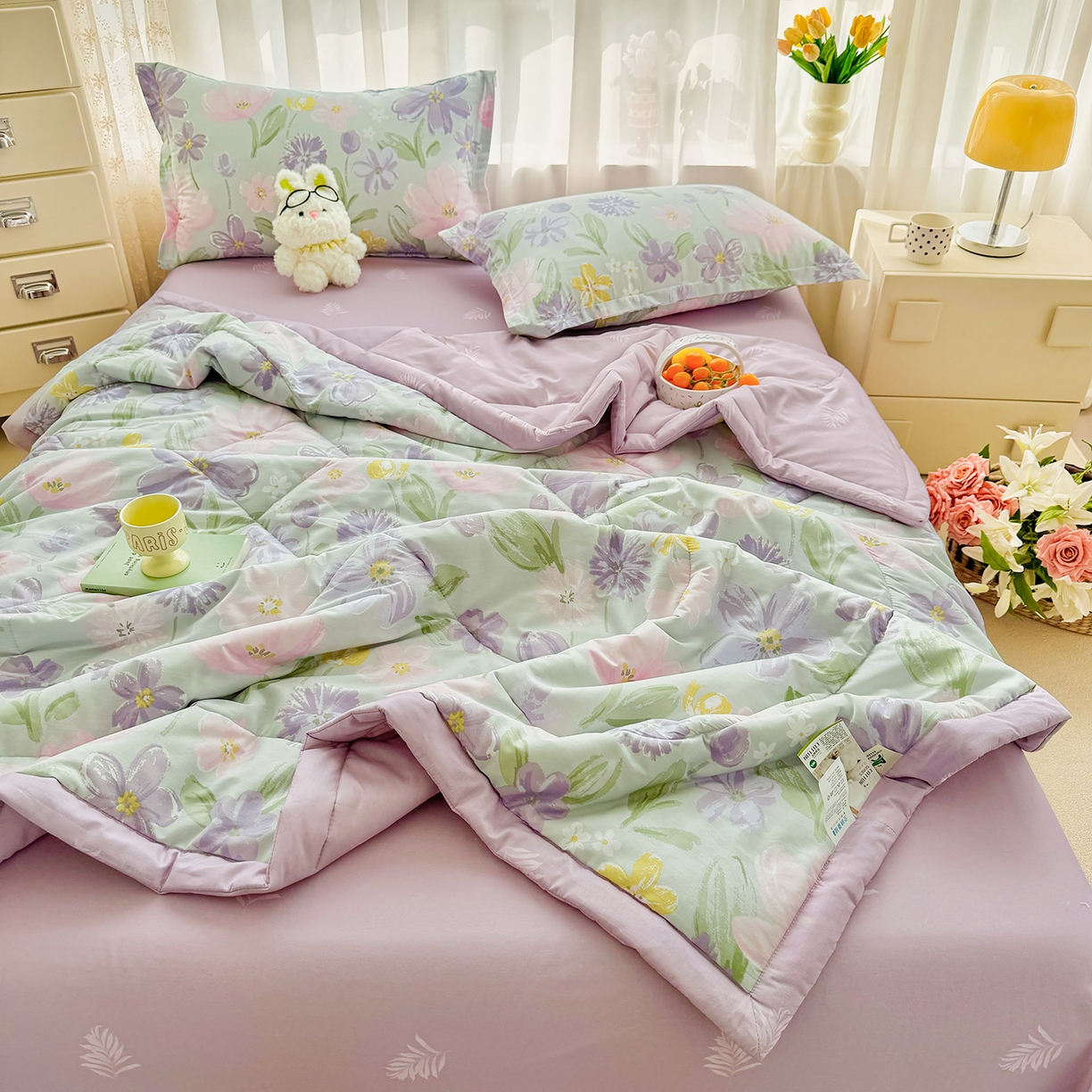 91家纺网 家纺一手货源 找家纺 瑶瑶家居 2026新款A类里外全棉夏凉被四件套-风格一 紫萝梦