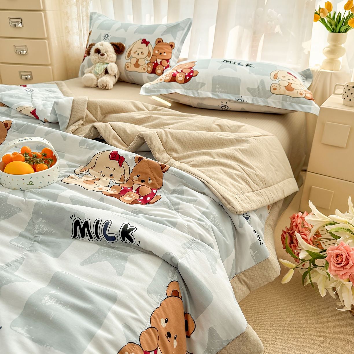 91家纺网 家纺一手货源 找家纺 瑶瑶家居 2026新款A类里外全棉夏凉被四件套-风格一 温暖熊