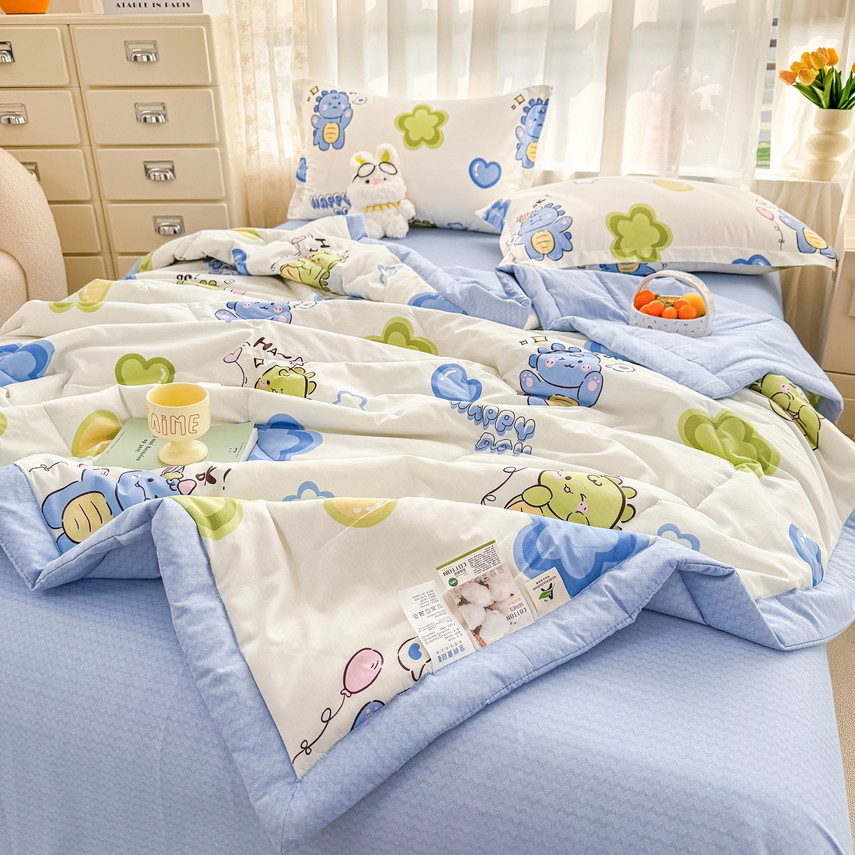 91家纺网 家纺一手货源 找家纺 瑶瑶家居 2026新款A类里外全棉夏凉被四件套-风格一 小恐龙