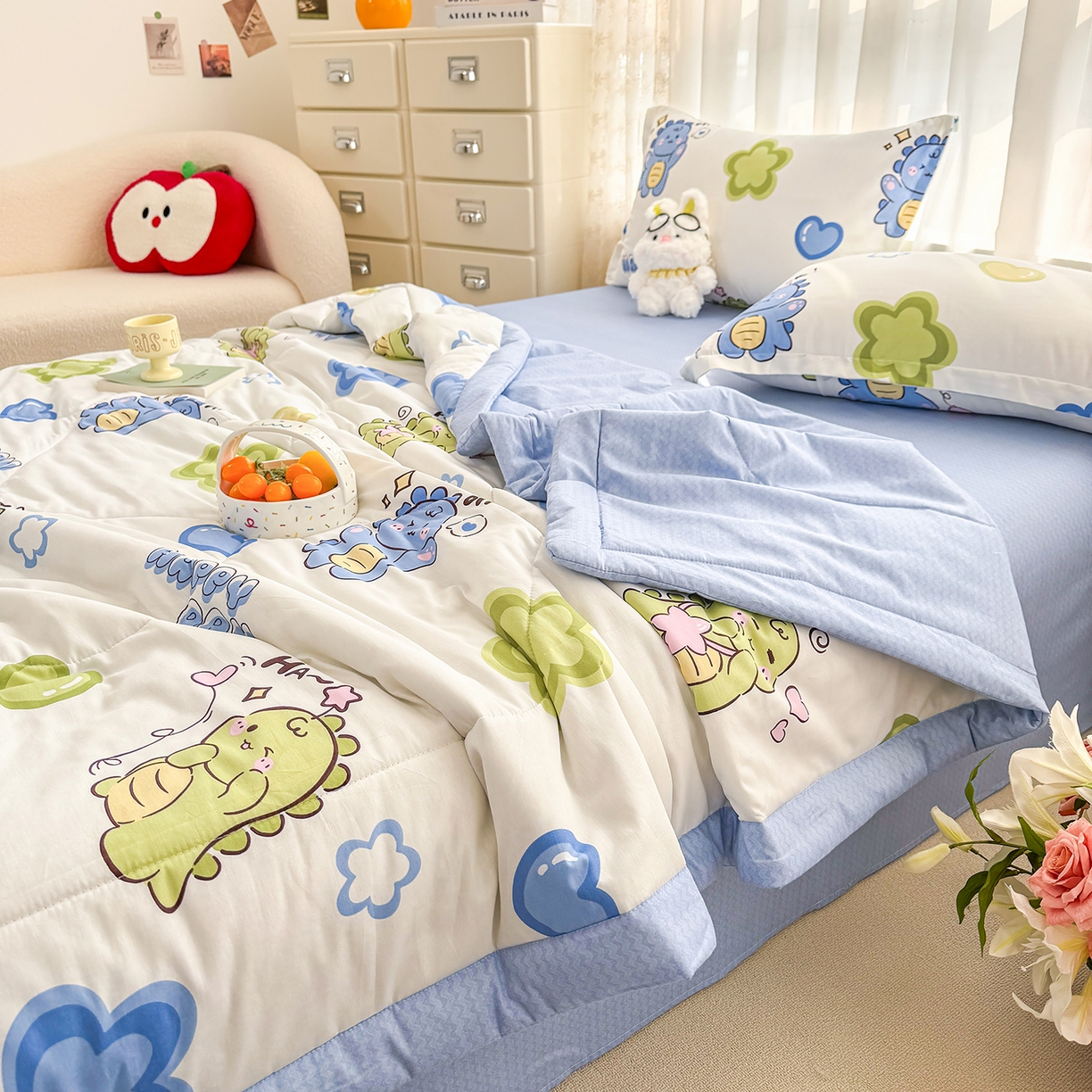 91家纺网 家纺一手货源 找家纺 瑶瑶家居 2026新款A类里外全棉夏凉被四件套-风格一 小恐龙
