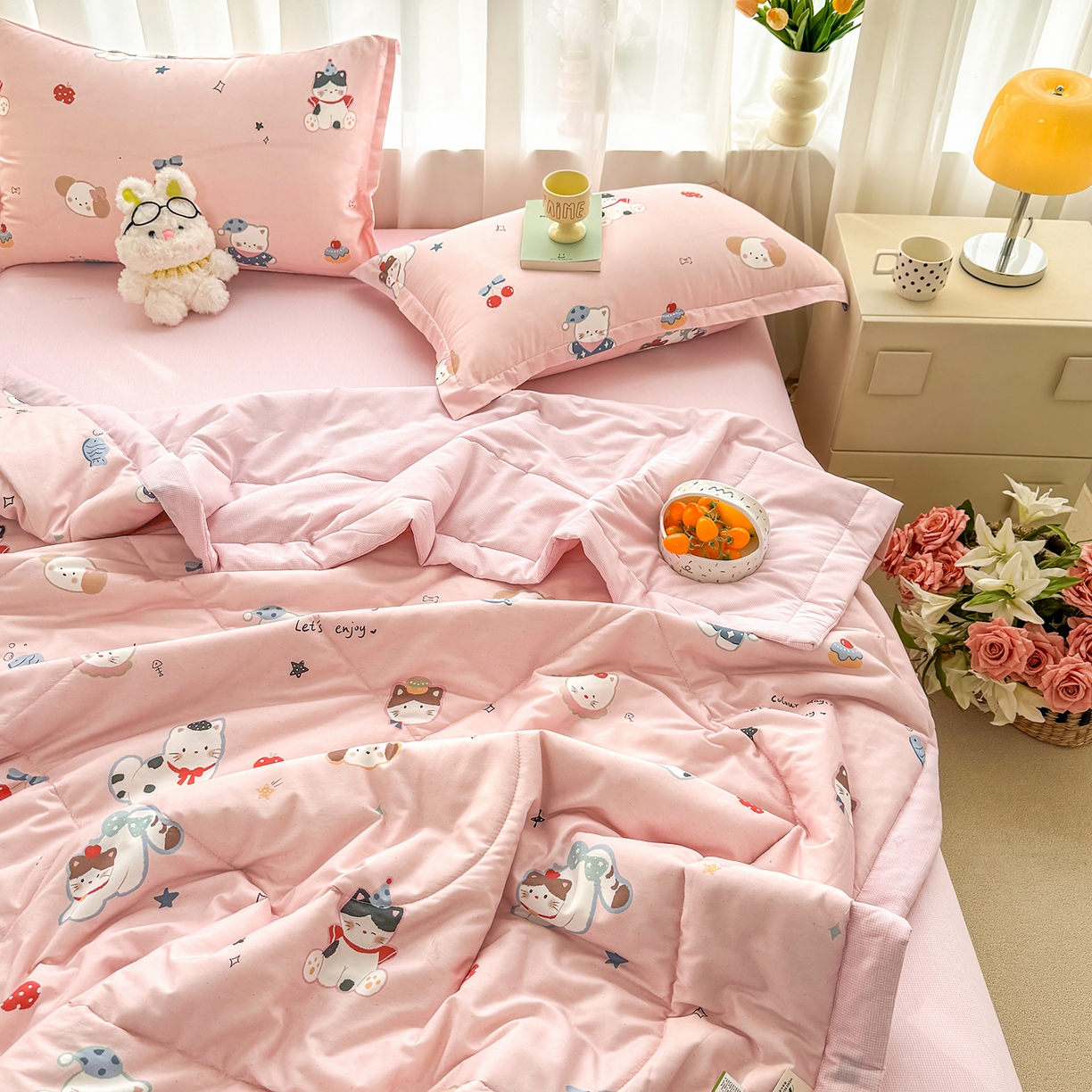 91家纺网 家纺一手货源 找家纺 瑶瑶家居 2026新款A类里外全棉夏凉被四件套-风格一 萌星