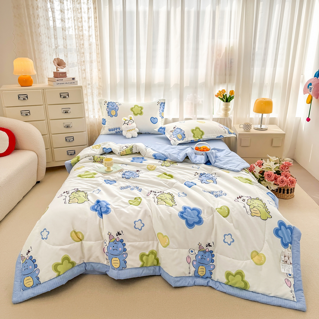 91家纺网 家纺一手货源 找家纺 瑶瑶家居 2026新款A类里外全棉夏凉被四件套-风格一 小恐龙