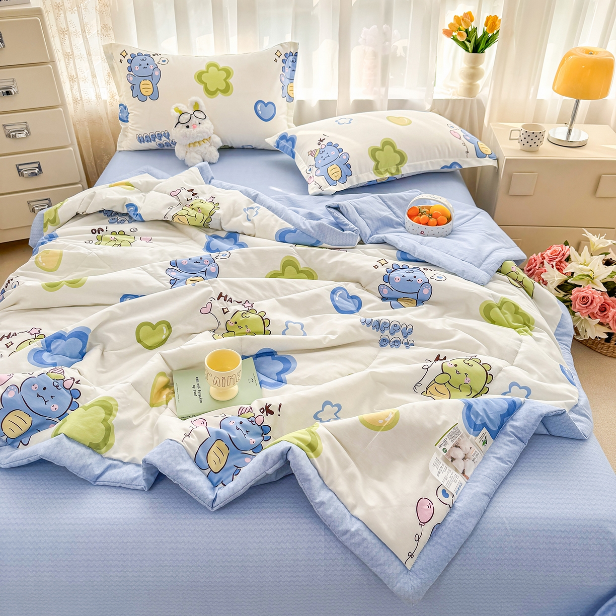 91家纺网 家纺一手货源 找家纺 瑶瑶家居 2026新款A类里外全棉夏凉被四件套-风格一 小恐龙