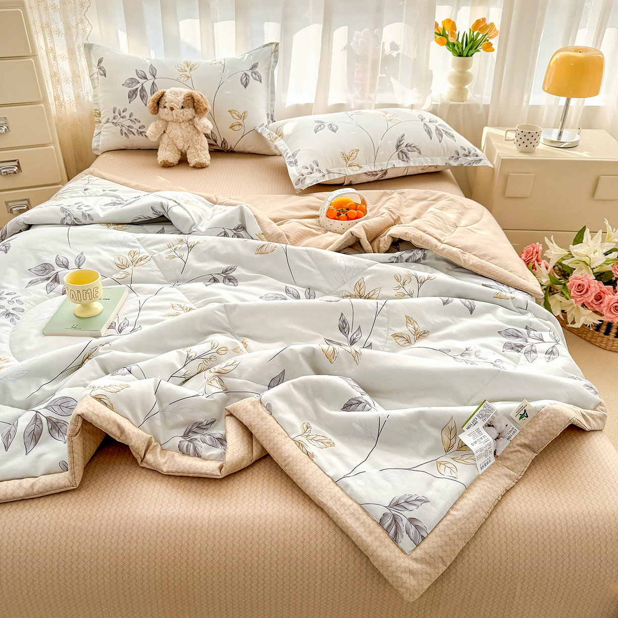 91家纺网 家纺一手货源 找家纺 瑶瑶家居 2026新款A类里外全棉夏凉被四件套-风格一 秋叶
