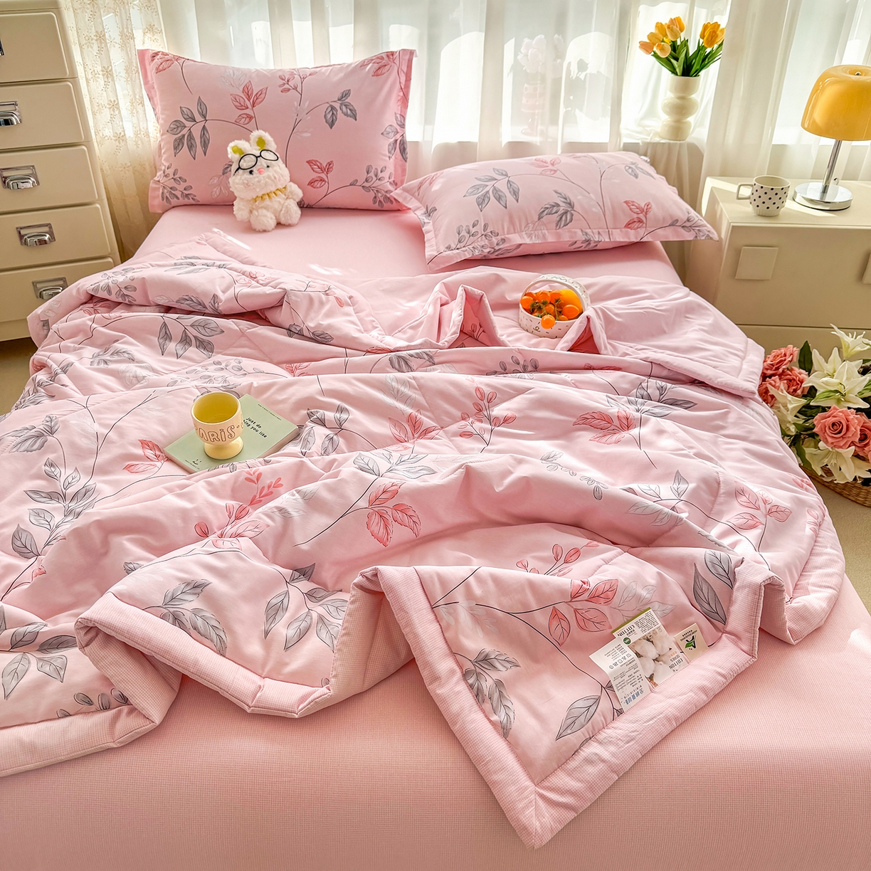 91家纺网 家纺一手货源 找家纺 瑶瑶家居 2026新款A类里外全棉夏凉被四件套-风格一 素色花蔓