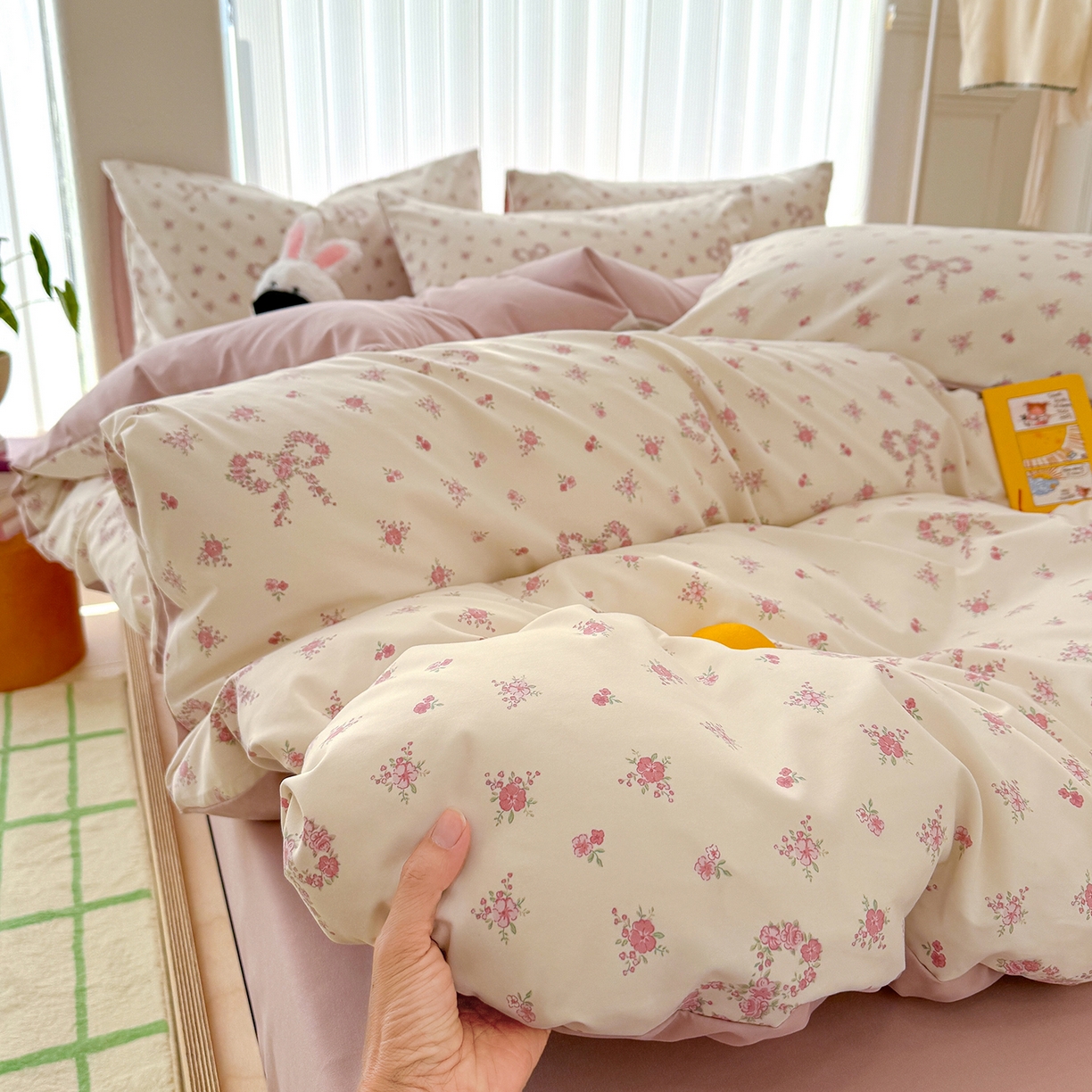 91家纺网 家纺一手货源 找家纺 铺尚美家纺 2026新款春款A类古法水洗仿棉云感棉小布袋四件套 蝴蝶结花环