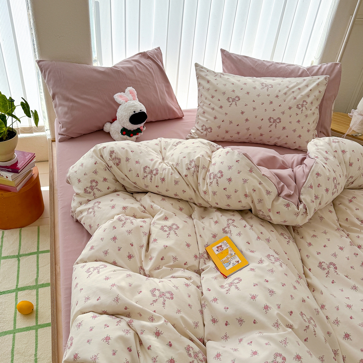 91家纺网 家纺一手货源 找家纺 铺尚美家纺 2026新款春款A类古法水洗仿棉云感棉小布袋四件套 蝴蝶结花环