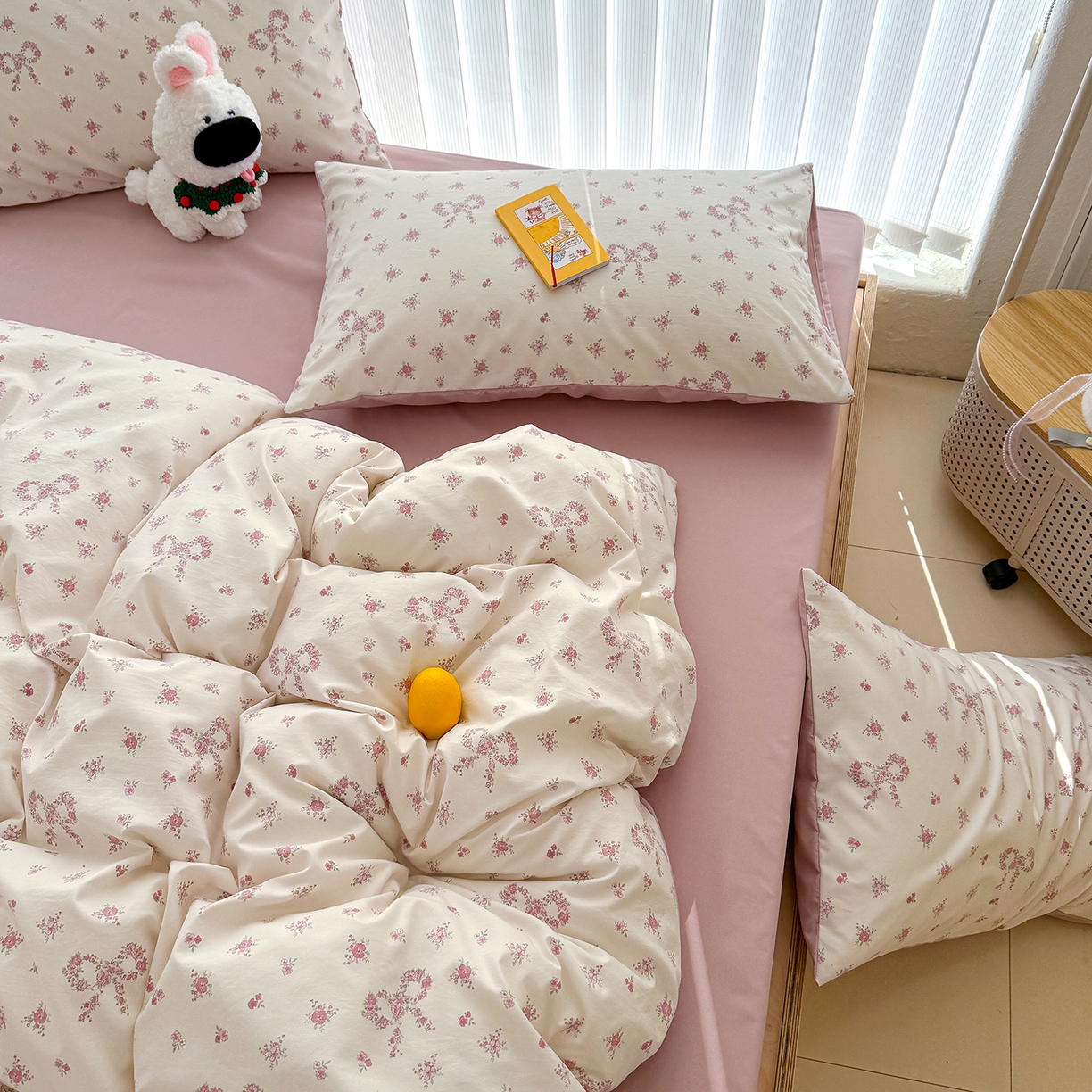 91家纺网 家纺一手货源 找家纺 铺尚美家纺 2026新款春款A类古法水洗仿棉云感棉小布袋四件套 蝴蝶结花环