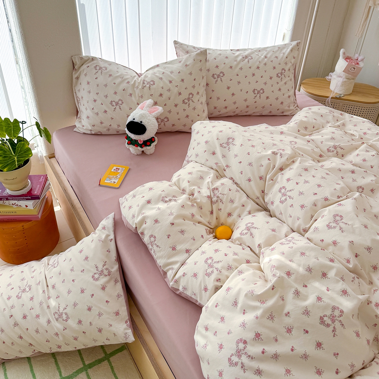 91家纺网 家纺一手货源 找家纺 铺尚美家纺 2026新款春款A类古法水洗仿棉云感棉小布袋四件套 蝴蝶结花环