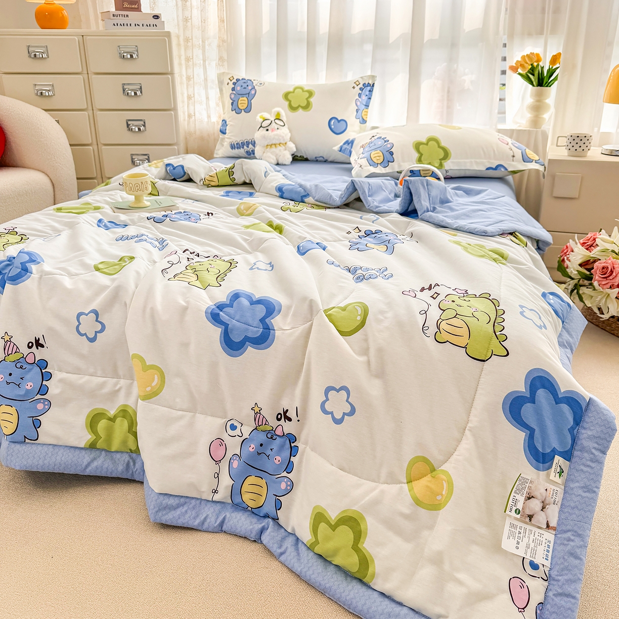 91家纺网 家纺一手货源 找家纺 瑶瑶家居 2026新款A类里外全棉夏凉被四件套-风格一 小恐龙