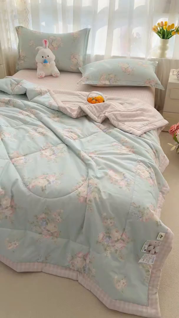 91家纺网 家纺一手货源 找家纺 瑶瑶家居 2026新款A类里外全棉夏凉被四件套-风格一 柔纱花影