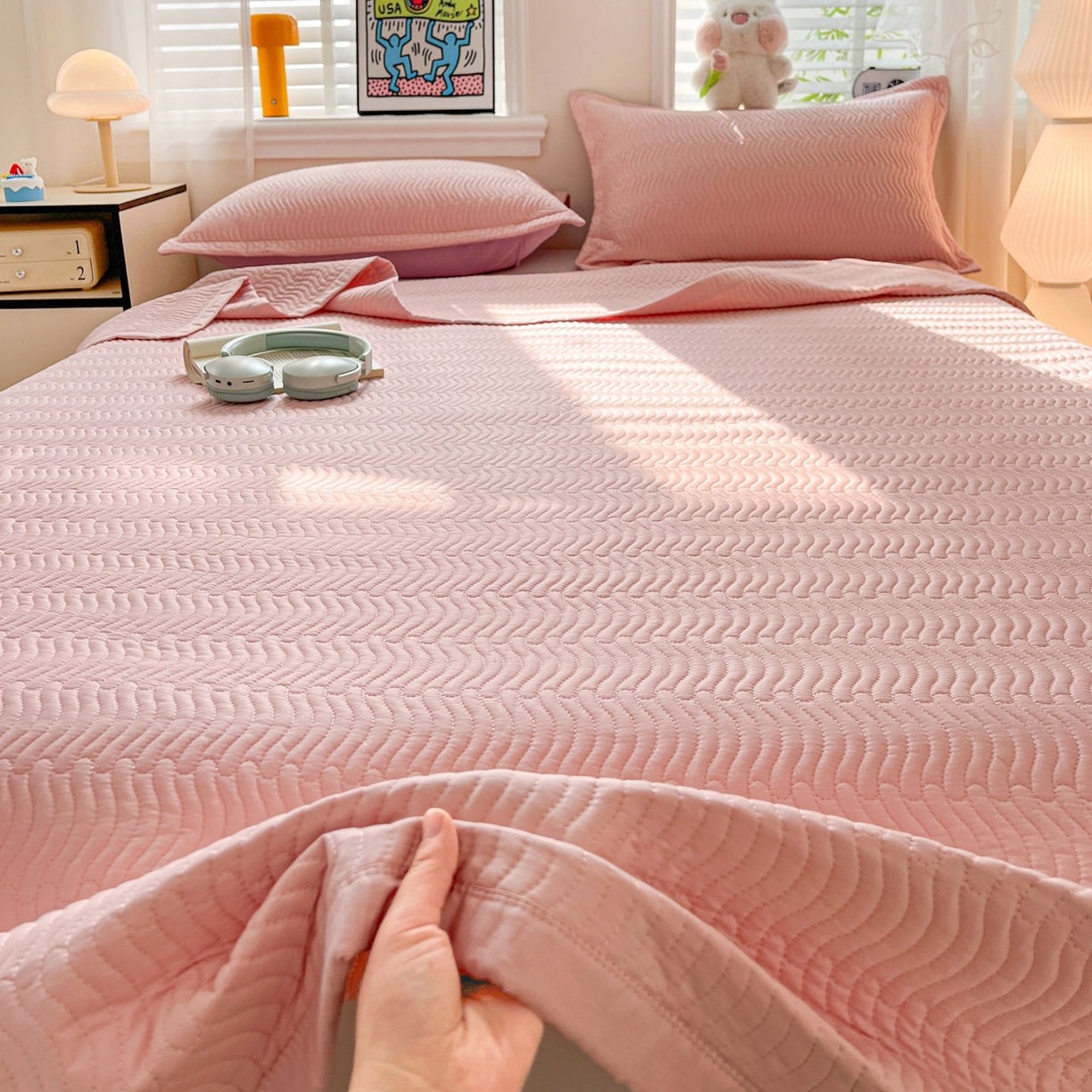 91家纺网 家纺一手货源 找家纺 （总）梦精灵家纺 2026新款纯色全棉床盖单件纯棉绗缝夹棉床单 四季通用榻榻米防滑学生宿舍单人床盖枕套