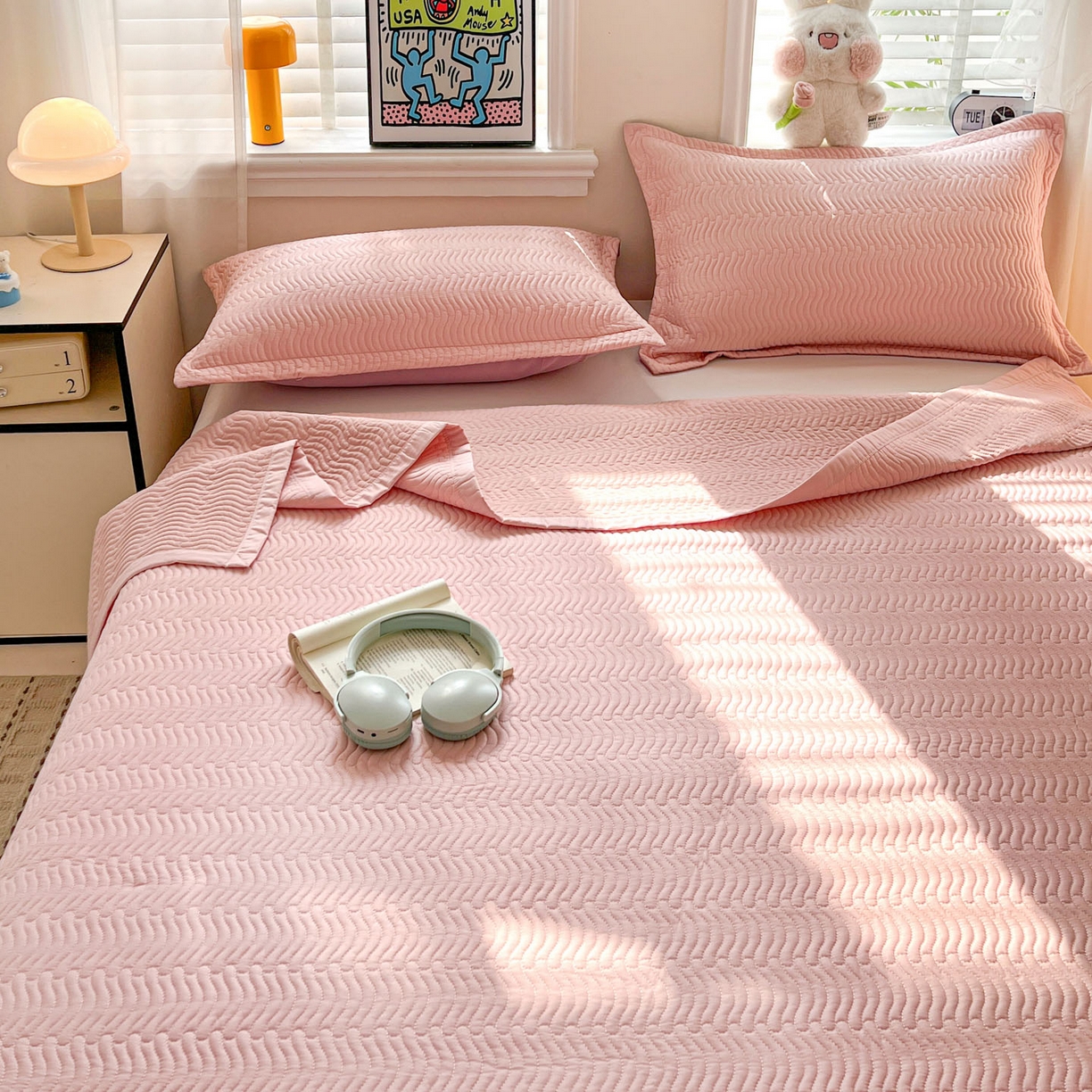 91家纺网 家纺一手货源 找家纺 （总）梦精灵家纺 2026新款纯色全棉床盖单件纯棉绗缝夹棉床单 四季通用榻榻米防滑学生宿舍单人床盖枕套