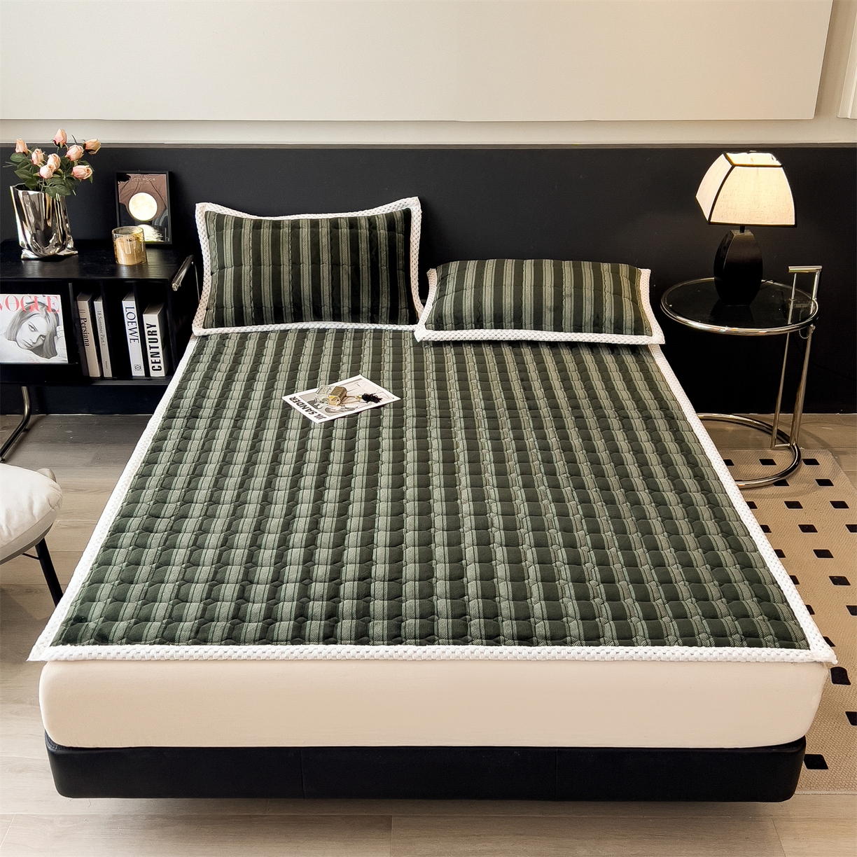 91家纺网 家纺一手货源 找家纺 布凡家居 2026新款A类230克高克重牛奶绒床褥 墨绿格