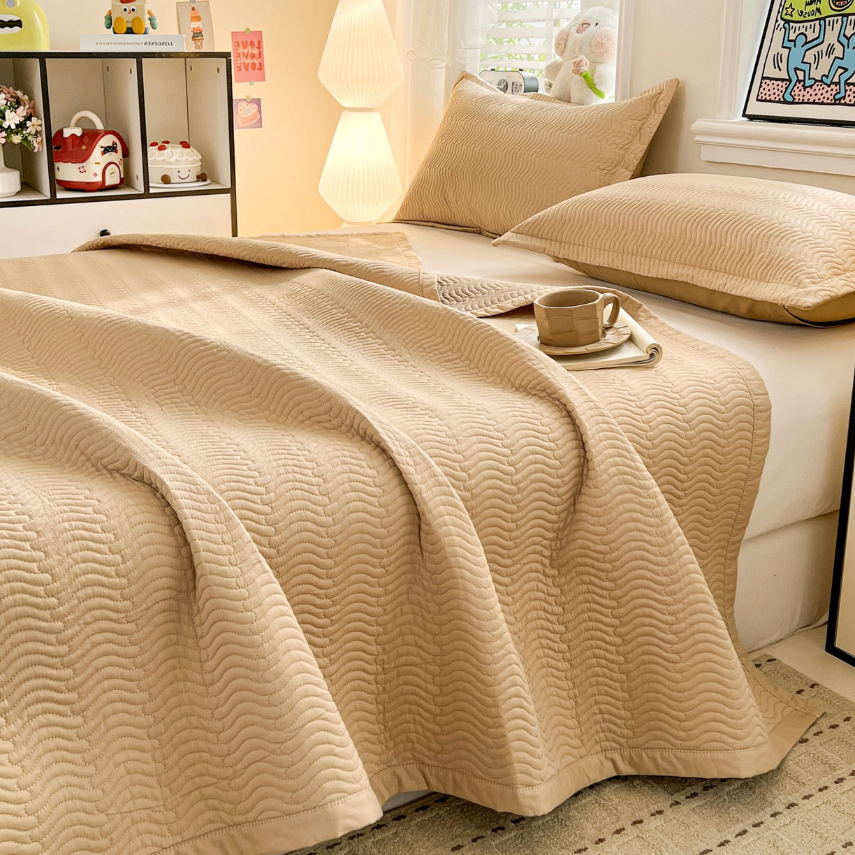 91家纺网 家纺一手货源 找家纺 （总）梦精灵家纺 2026新款纯色全棉床盖单件纯棉绗缝夹棉床单 四季通用榻榻米防滑学生宿舍单人床盖枕套