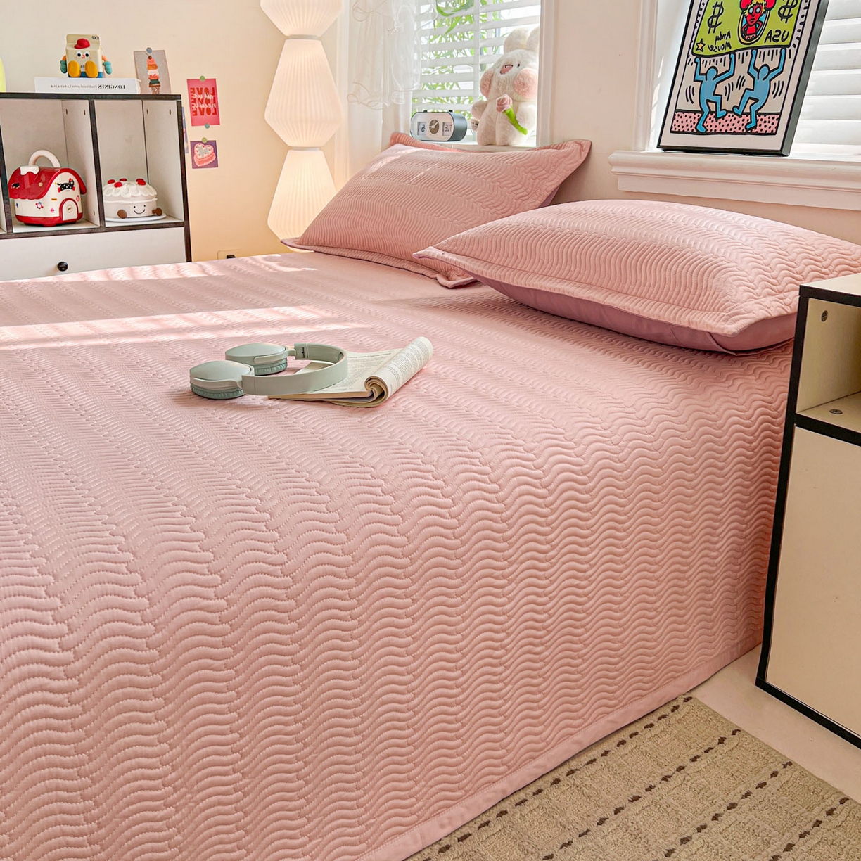 91家纺网 家纺一手货源 找家纺 梦精灵家纺 2026新款纯色全棉床盖单件纯棉绗缝夹棉床单 四季通用榻榻米防滑学生宿舍单人床盖枕套 素境-粉