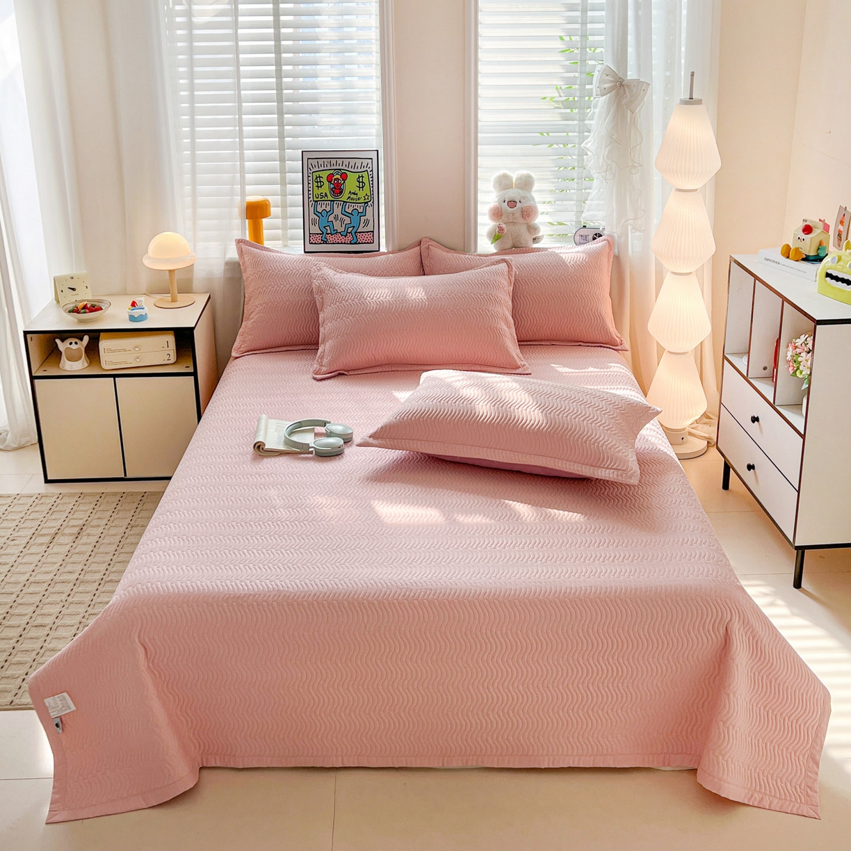 91家纺网 家纺一手货源 找家纺 梦精灵家纺 2026新款纯色全棉床盖单件纯棉绗缝夹棉床单 四季通用榻榻米防滑学生宿舍单人床盖枕套 素境-粉