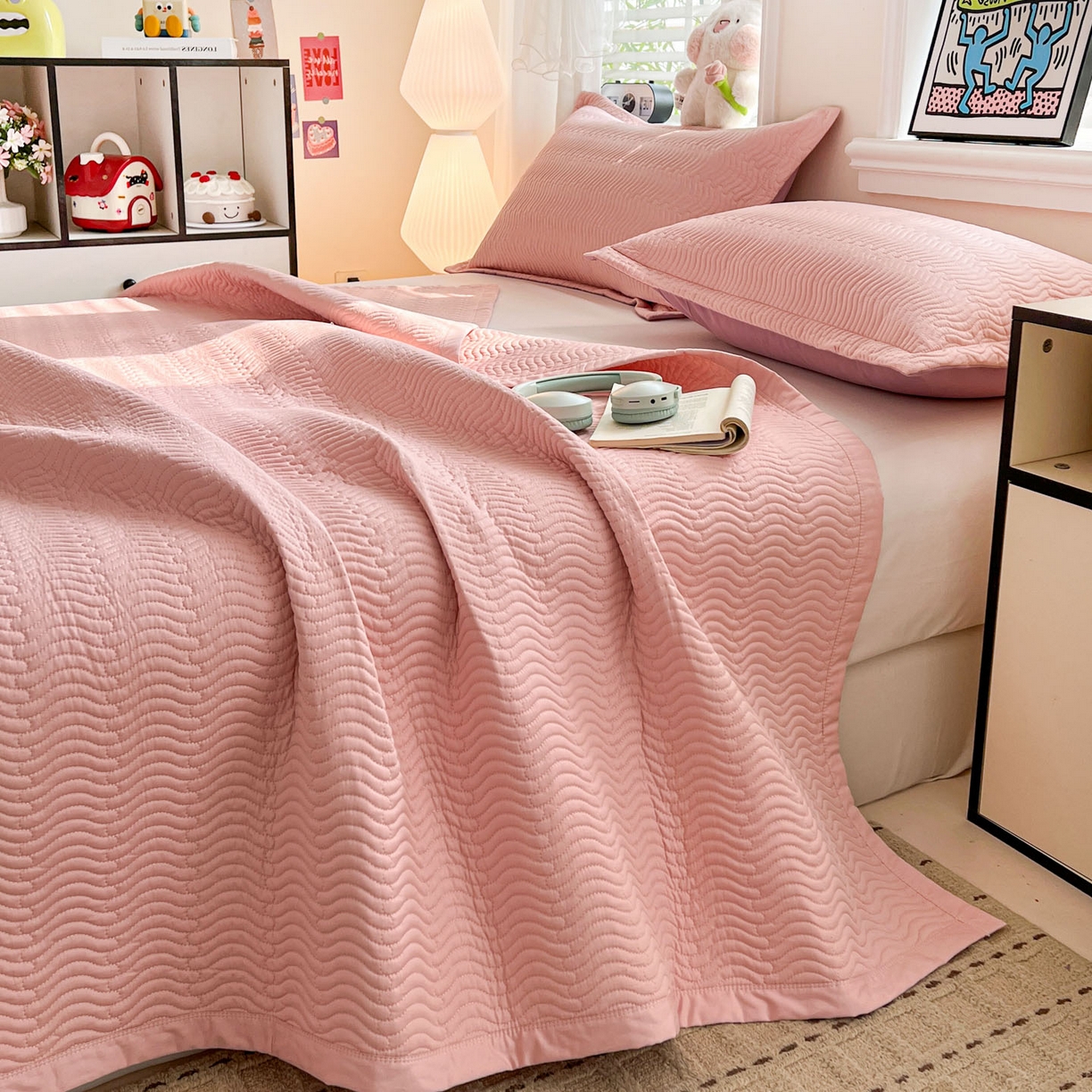 91家纺网 家纺一手货源 找家纺 梦精灵家纺 2026新款纯色全棉床盖单件纯棉绗缝夹棉床单 四季通用榻榻米防滑学生宿舍单人床盖枕套 素境-粉