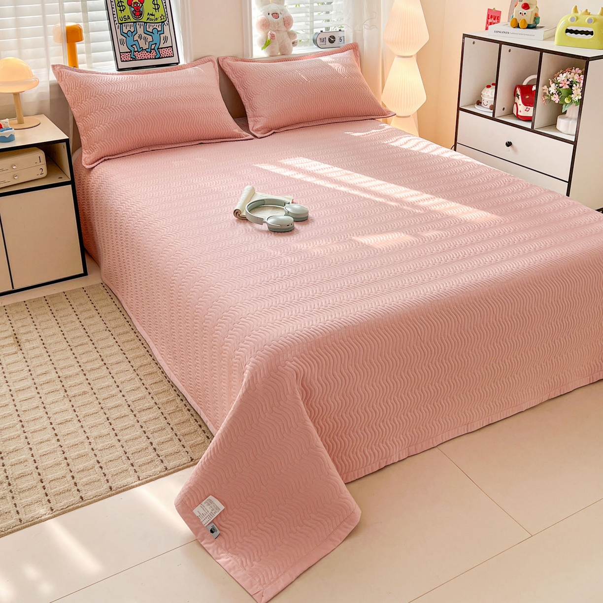 91家纺网 家纺一手货源 找家纺 梦精灵家纺 2026新款纯色全棉床盖单件纯棉绗缝夹棉床单 四季通用榻榻米防滑学生宿舍单人床盖枕套 素境-粉