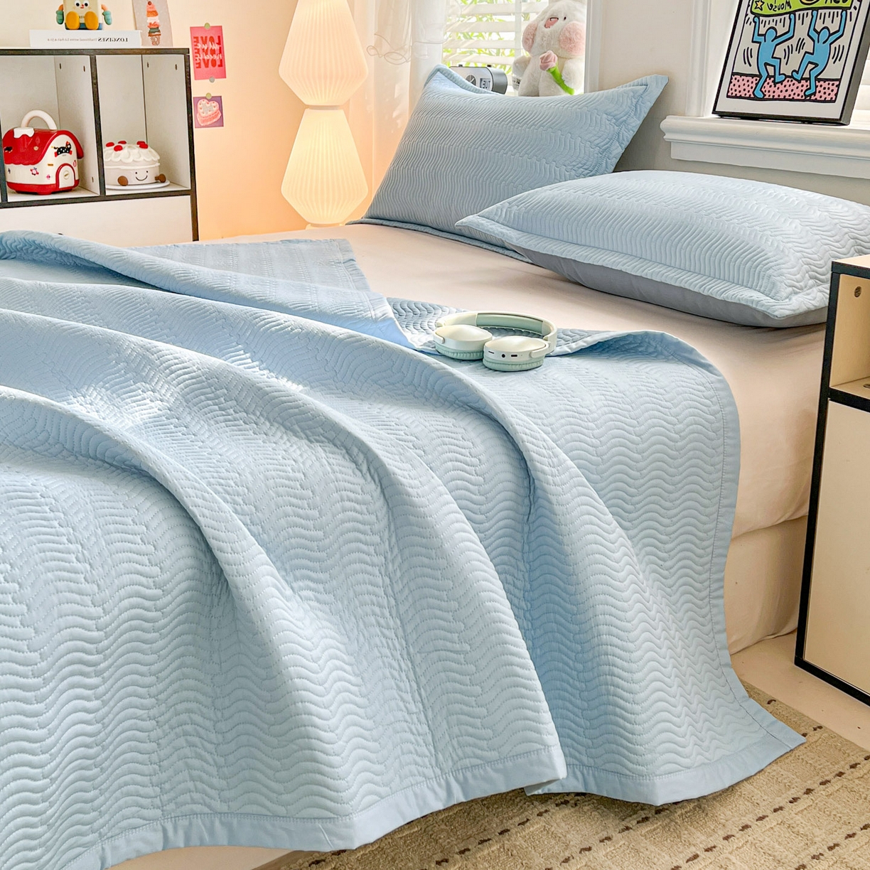 梦精灵家纺 2026新款纯色全棉床盖单件纯棉绗缝夹棉床单 四季通用榻榻米防滑学生宿舍单人床盖枕套 素境-蓝