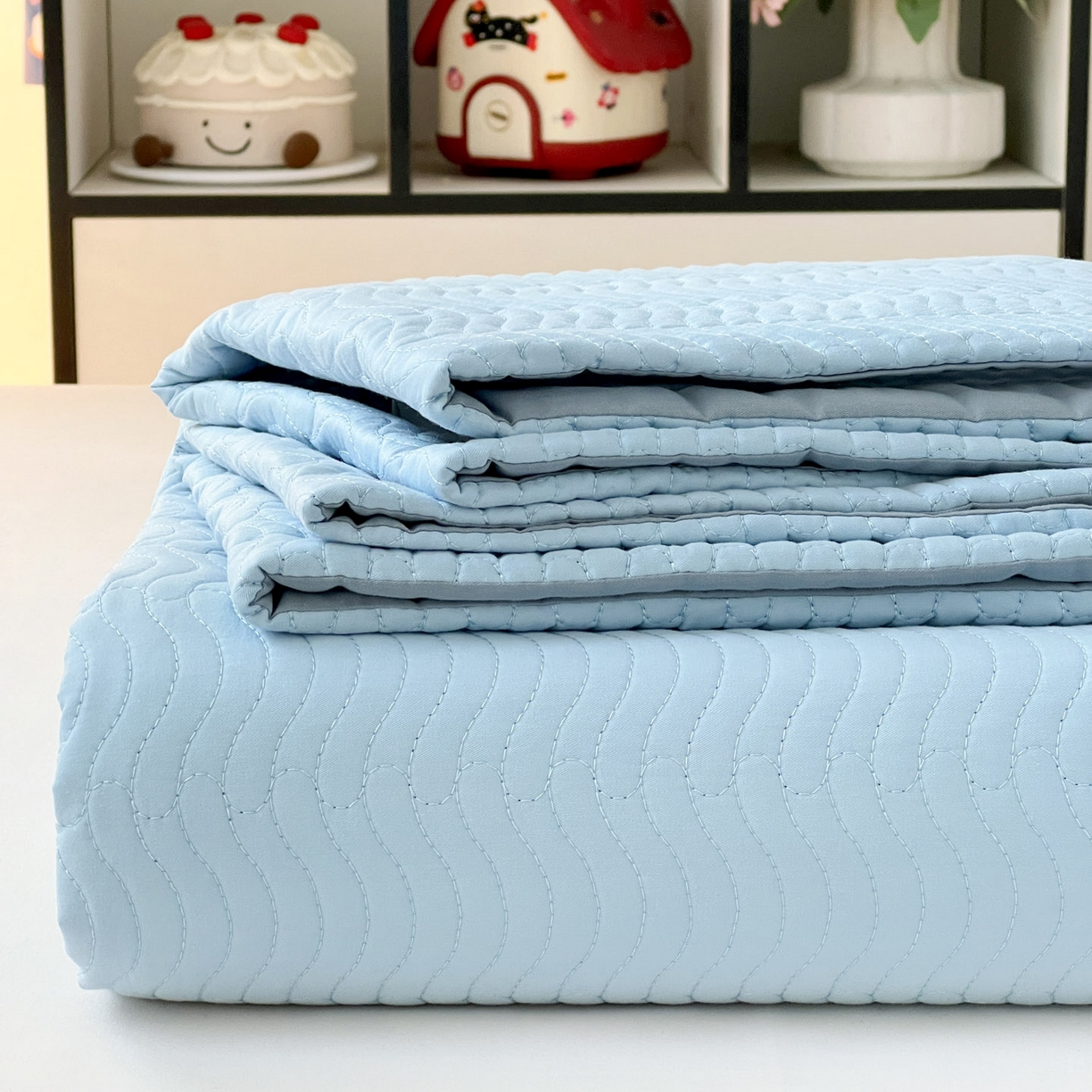 91家纺网 家纺一手货源 找家纺 梦精灵家纺 2026新款纯色全棉床盖单件纯棉绗缝夹棉床单 四季通用榻榻米防滑学生宿舍单人床盖枕套 素境-蓝