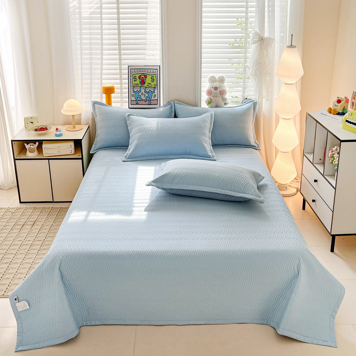 91家纺网 家纺一手货源 找家纺 梦精灵家纺 2026新款纯色全棉床盖单件纯棉绗缝夹棉床单 四季通用榻榻米防滑学生宿舍单人床盖枕套 素境-蓝