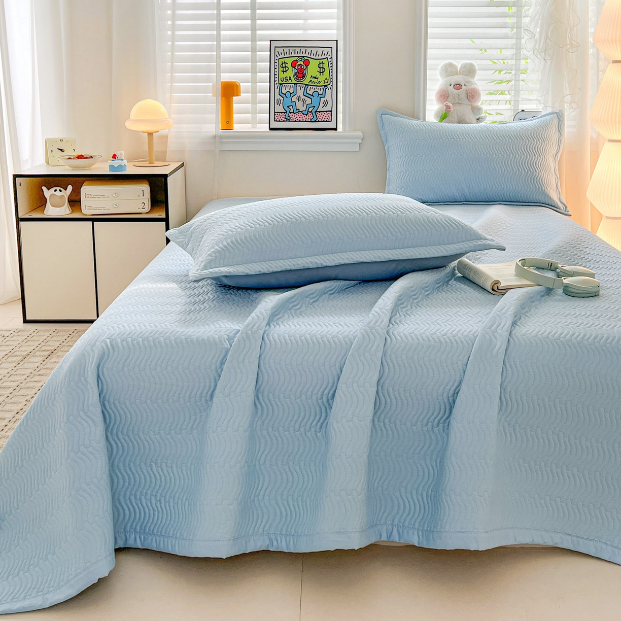 91家纺网 家纺一手货源 找家纺 梦精灵家纺 2026新款纯色全棉床盖单件纯棉绗缝夹棉床单 四季通用榻榻米防滑学生宿舍单人床盖枕套 素境-蓝